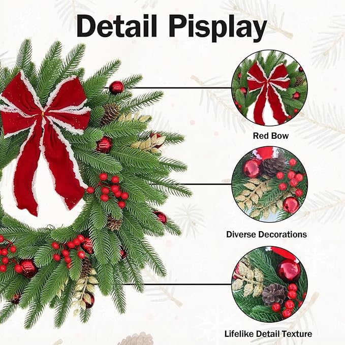 Pine Branch, Red Berry and Bow Christmas Artificial Wreath Silk for Front Door Home Wall Holiday Christmas Festival Decor (18 inches)