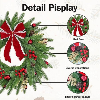 Pine Branch, Red Berry and Bow Christmas Artificial Wreath Silk for Front Door Home Wall Holiday Christmas Festival Decor (18 inches)
