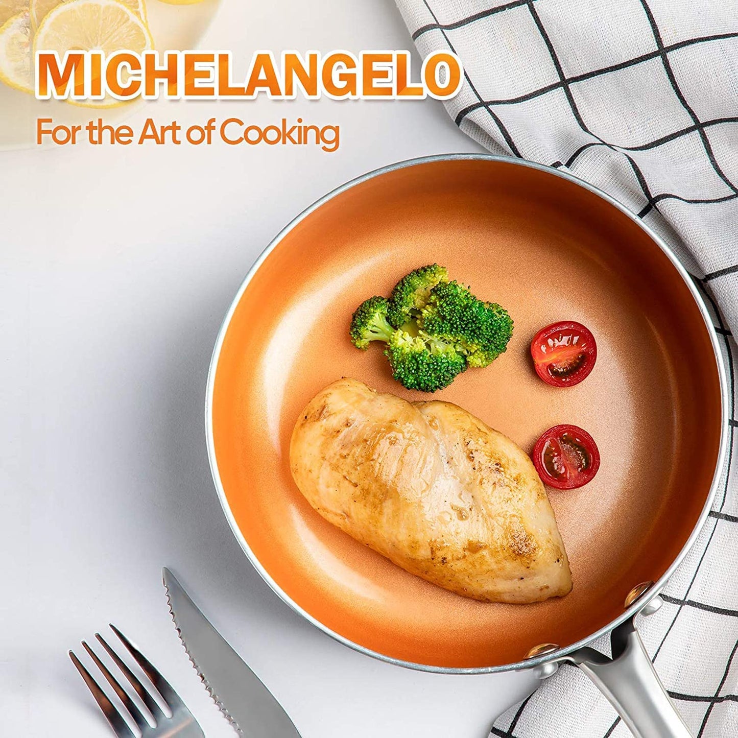 MICHELANGELO 12 Inch Frying Pan with Lid, Nonstick Copper Frying Pan, Non Stick Ceramic Skillet with Lid, Large Copper Pan Non-Stick, Induction Compatible