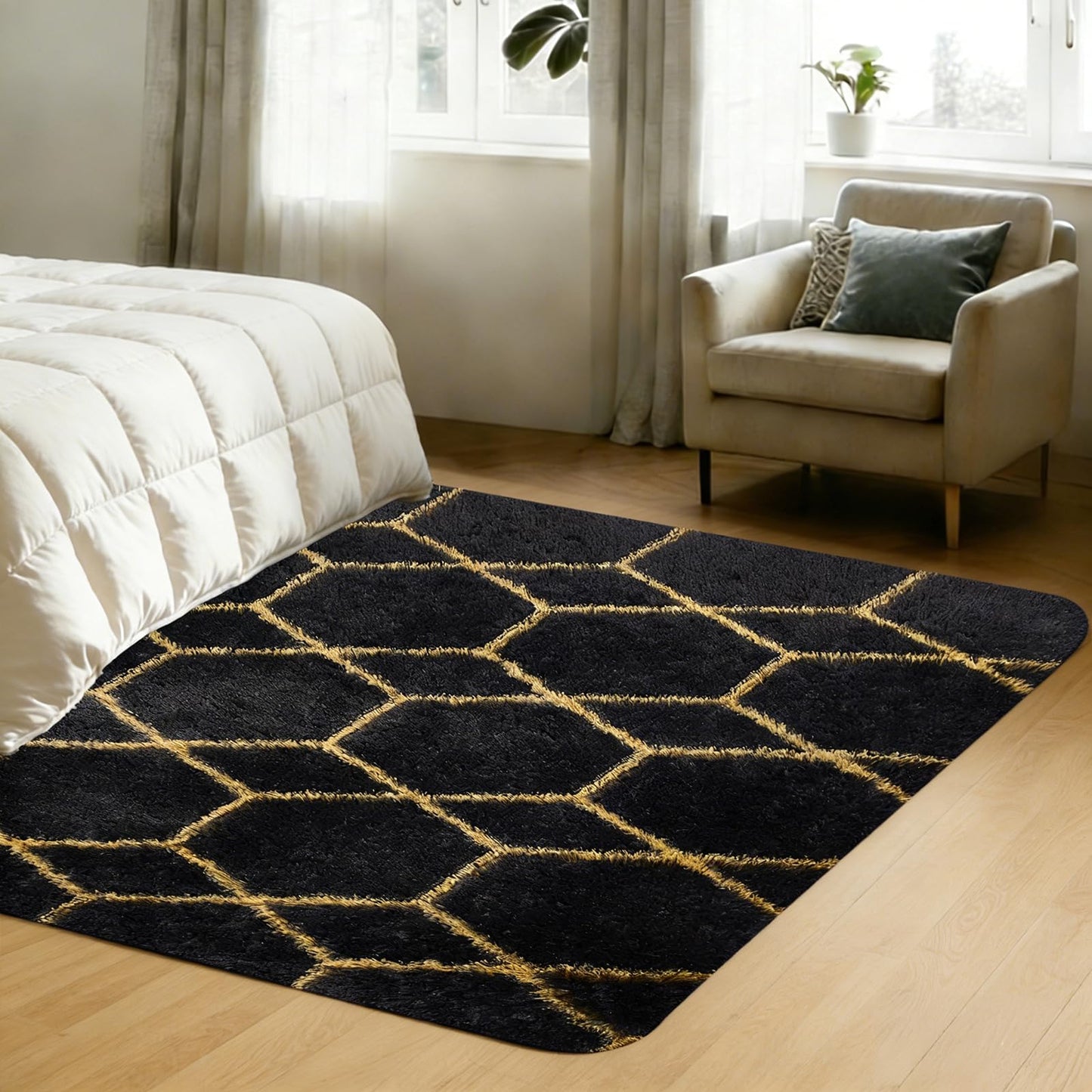 4x6 FT Soft Rug for Living Room, Geometric Shag Soft Area Rug, Classic Rug Anti-Skid High Pile Fluffy Carpet for Kids Room Nursery, Dorm Home Decor