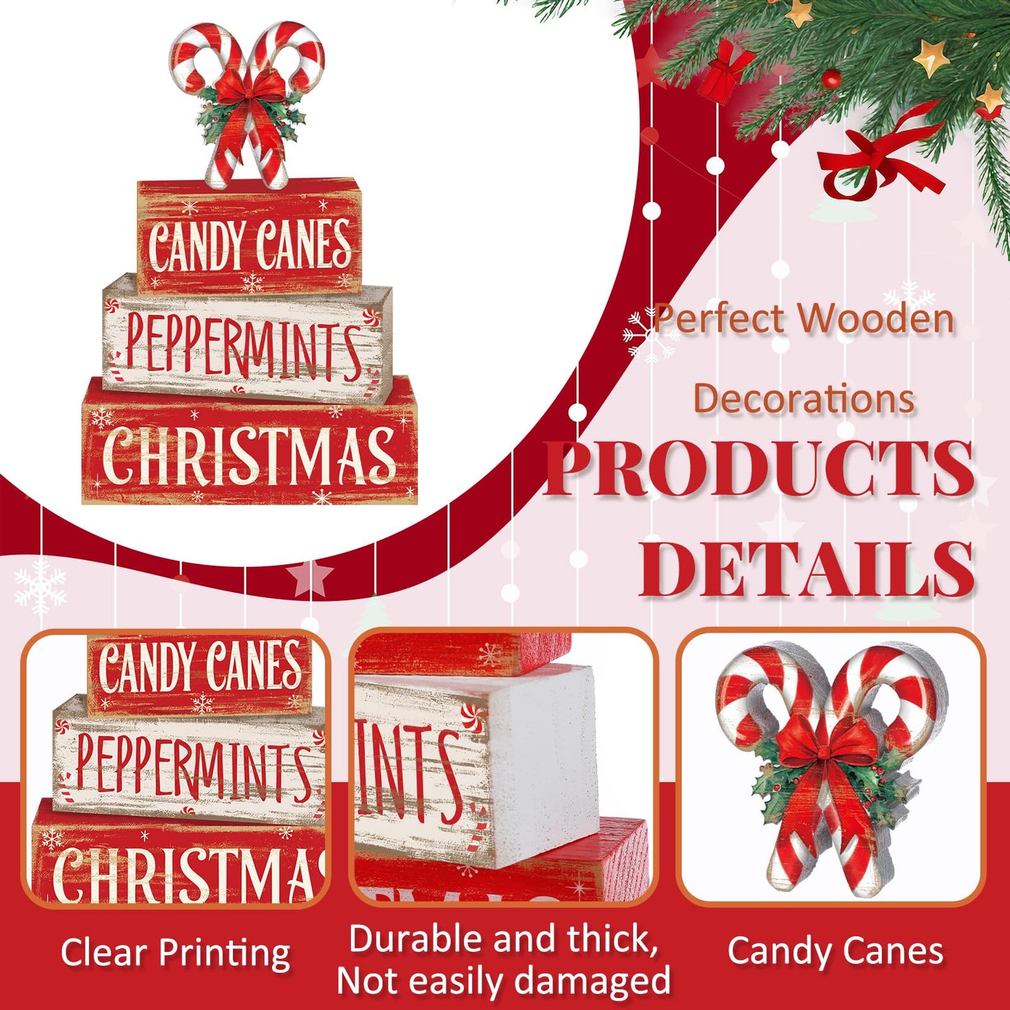 Moucuny 4 Pcs Christmas Candy Cane Table Decor Christmas Wooden Decorative Signage Red and White Stripes Candy Cane Xmas Tiered Tray Decor Centerpieces Farmhouse Wooden Block Set for Home