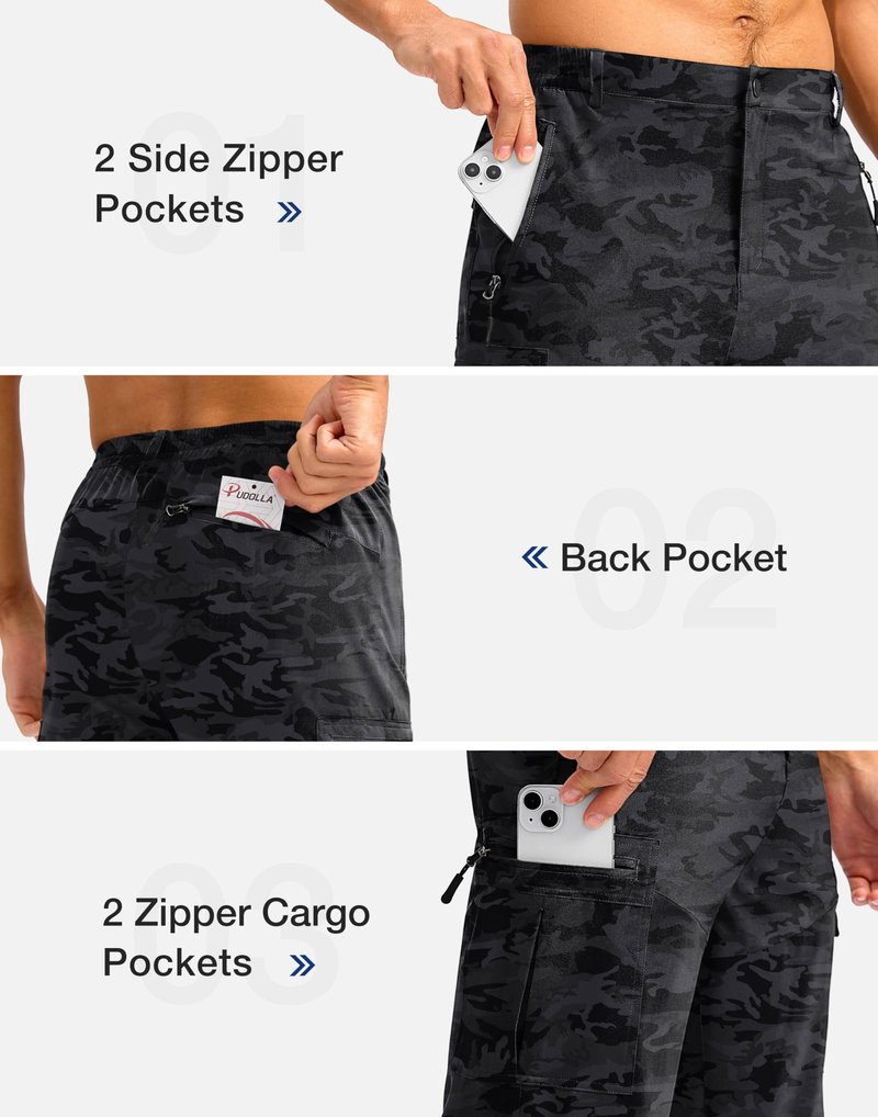 Pudolla Men's Hiking Shorts 11" Lightweight Cargo Work Shorts for Men Summer Travel Golf Casual Outdoor with 5 Pockets(Black Camo XX-Large)