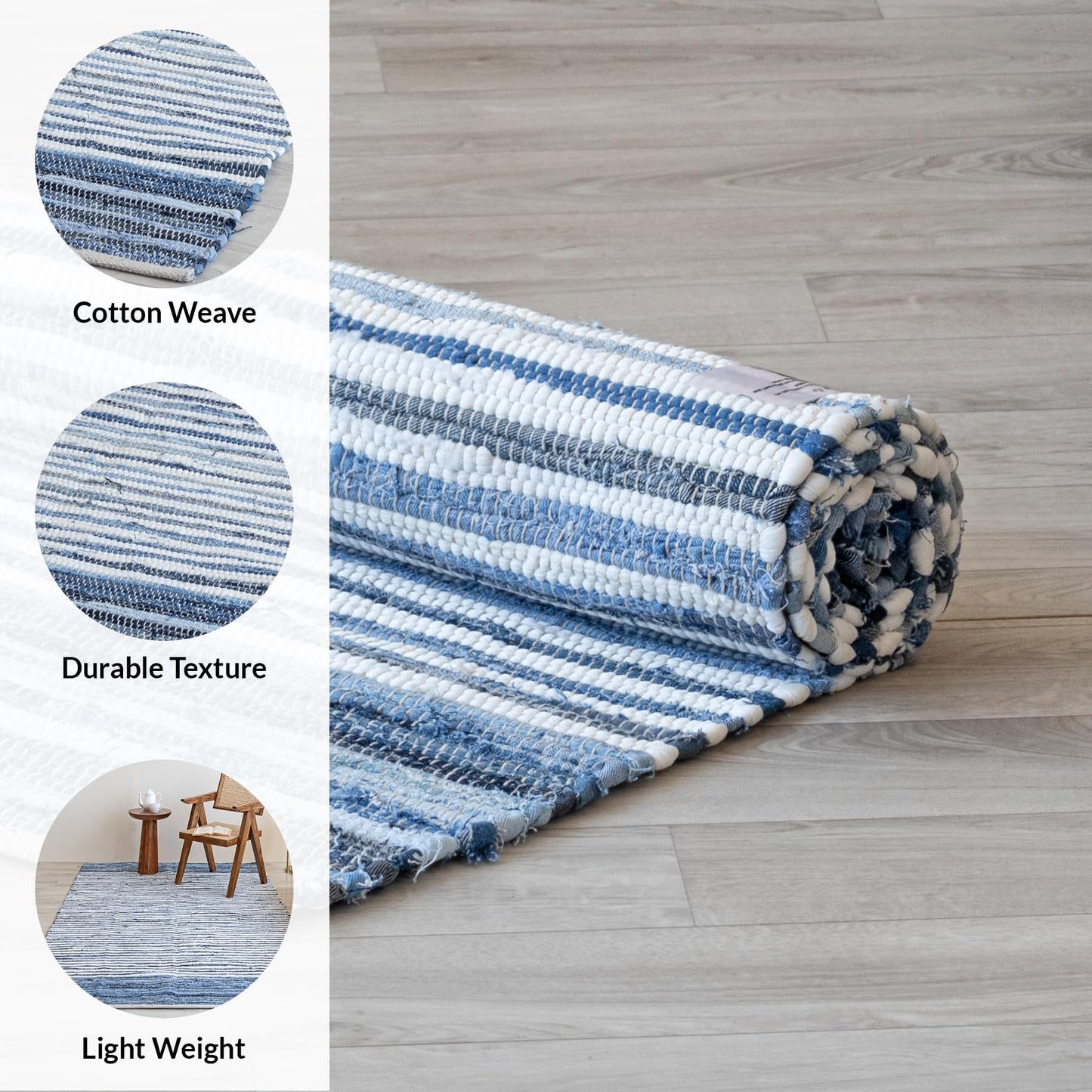 HOMEMONDE Denim Rag Rug 20"x32" Blue Recycled Soft Cotton Chindi Hand Crafted Reversible Boho Rugs for Entyrway, Doormat, Kitchen, Bedroom, Living Room