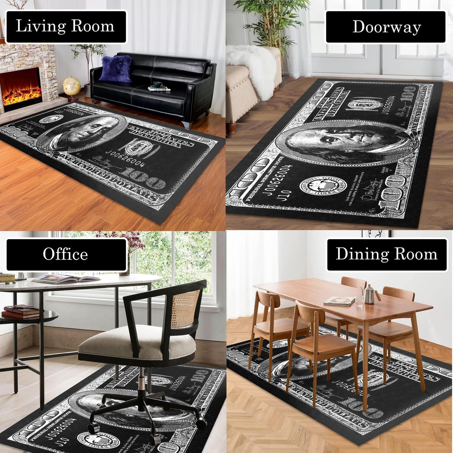 NITUMIR 4×6 Rug for Room Decoration Black and White Money Area Rugs Modern 100 Dollar Bill Rugs for Living Room Non-Slip Runner Rug for Bedroom Office Dining Room, Washable Cash Art Carpet 47”x71”
