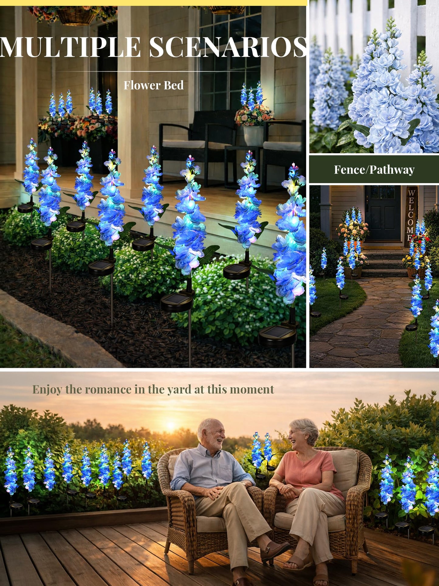 GIGALUMI Solar Lights Outdoor for Garden Decor, 3 Pack Solar Flower Lights Waterproof, 2 Lighting Modes Delphinium for Pathway,Yard, Patio Decoration, Gardening Gifts for Women (Blue)