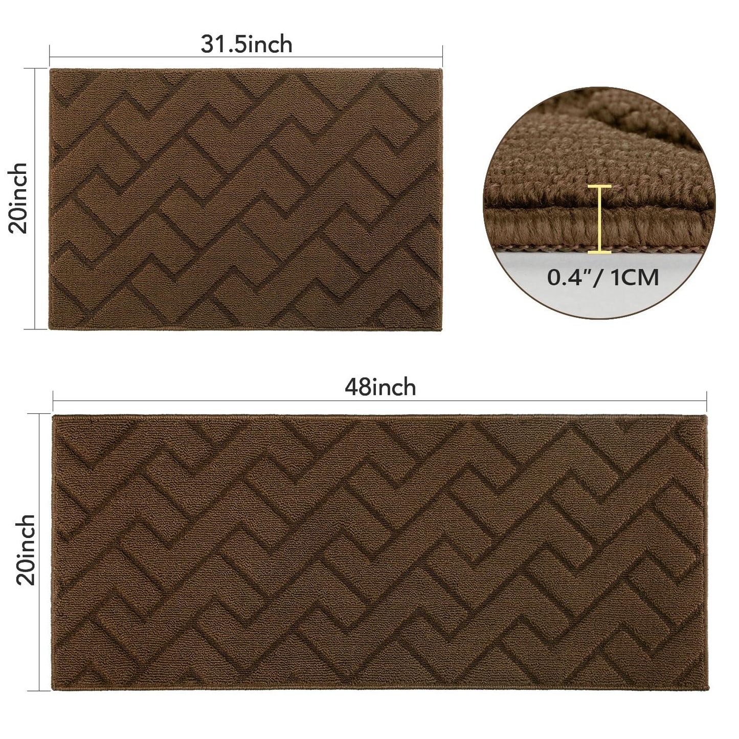 hicorfe Kitchen Runner Rugs and Mats Sets,2 Pieces Absorbent Non-Slip Kitchen Rug,Comfort Kitchen Mat for Floor,Washable for Kitchen,Hallway,Office,Sink,Laundry(20"x48"+20"x32",Dark Brown)
