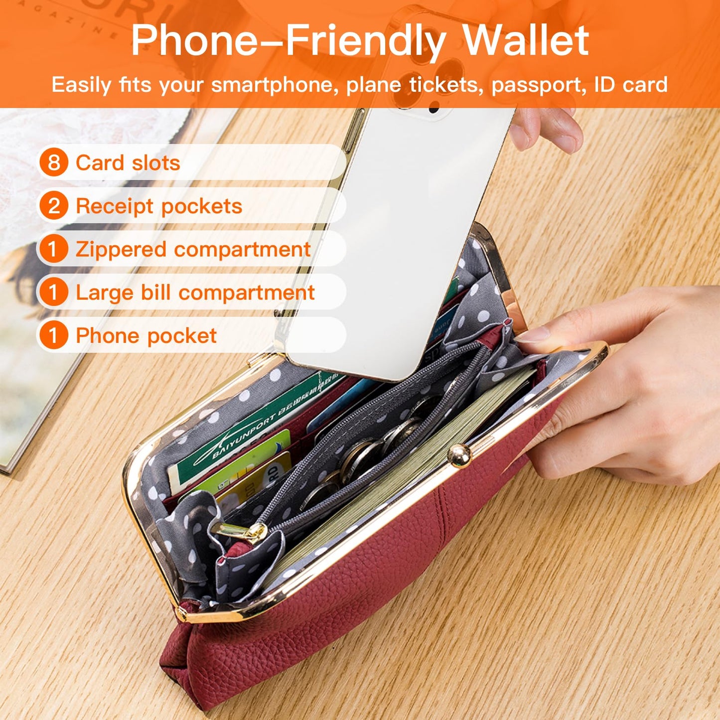 Leather Wallet for Women with Kiss Lock Closure, Multiple Card Slots, Smartphone Holder, 8.07 x 4.72 Inches (Black)