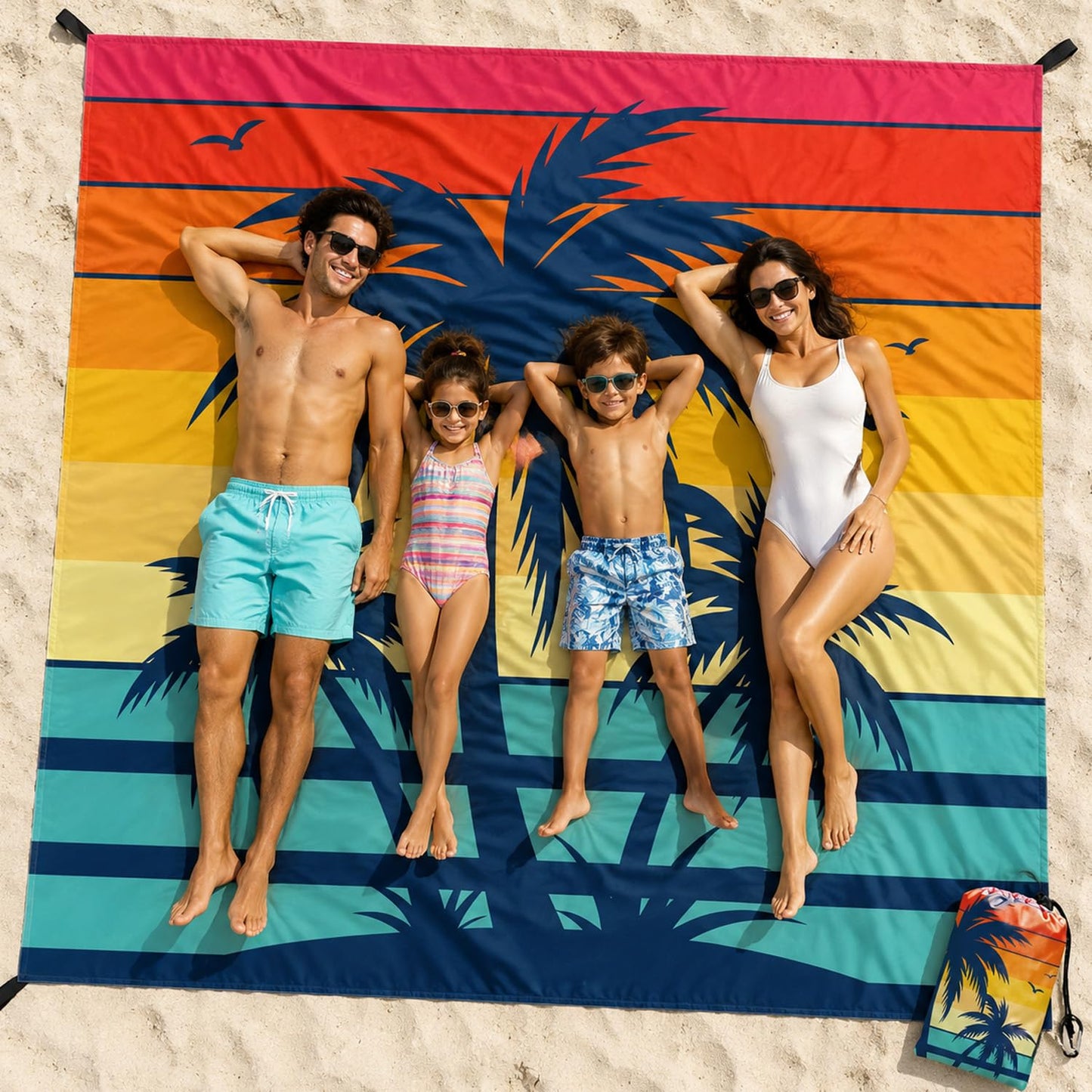InIsaJace Beach Blanket Waterproof Sandproof, Sunset Beach Mat Sand Free with Anchors Stakes Carabiner and Bag, Coconut Trees Camping Tarp for Outdoor Picnic Travel Camping Hiking 79”x 83”