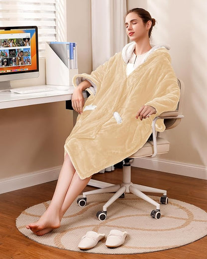 Wearable Heated Blanket - Cozy Gift for Women, Mom, Men| Reversible Flannel & Sherpa Electric Wrap with Pockets & Hood, 6 Heat Levels, 1-4H Timer, ETL Safe, Machine Wash, 50"x70" Beige
