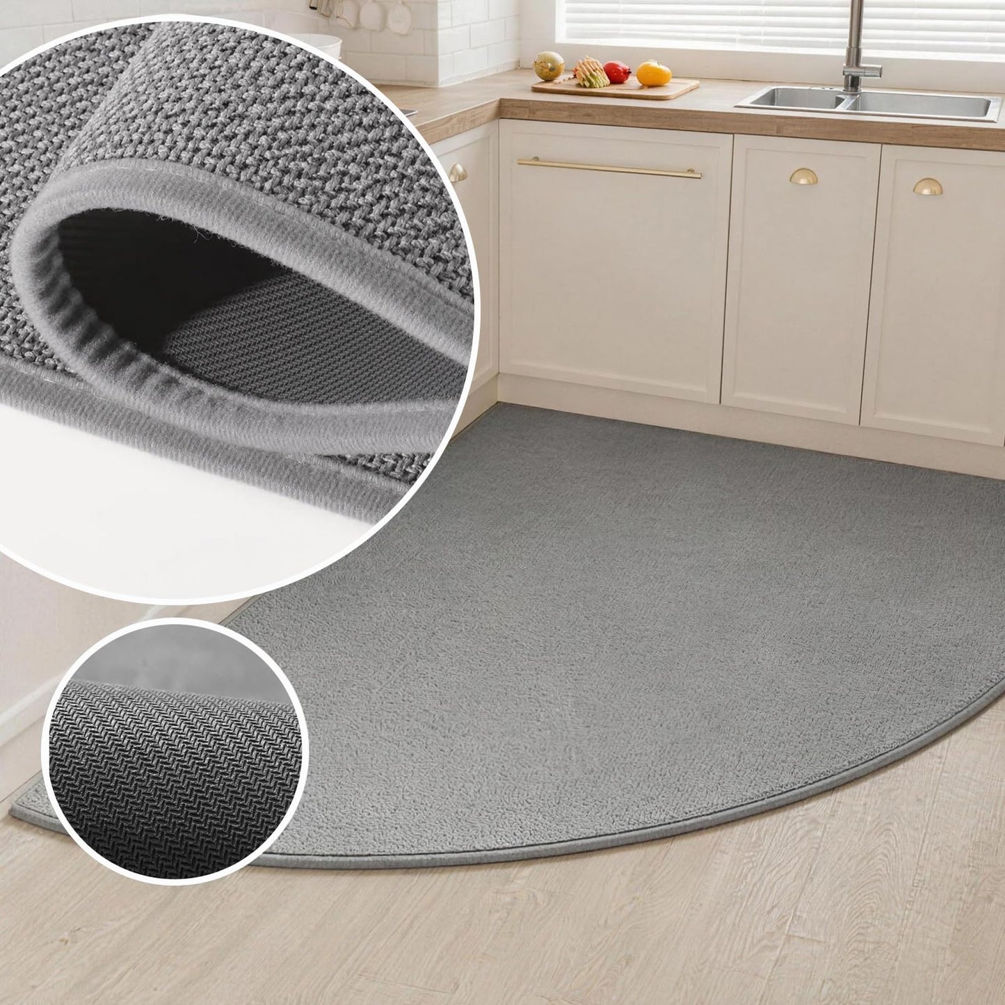 Ciuwuuhe Gray Corner Kitchen Rug, Quarter Circle Rug, Imitation Linen Braided Floor Mat with Rubber Back, Washable Rug for Kitchen Sink Area, Radius 39 Inch