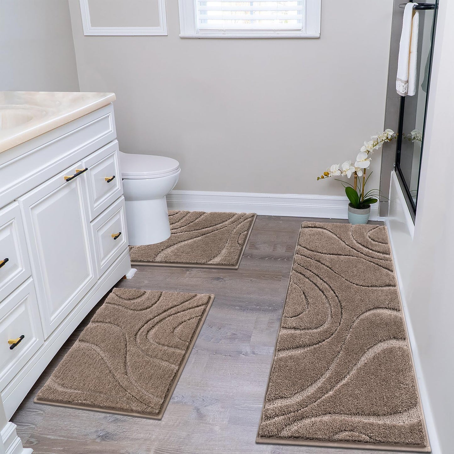 HEBE Bathroom Rug Sets 3 Piece, Non Slip Shower Mats with U-Shaped Contour Toilet Mat, Absorbent Microfiber Bath Mats for Bath Rugs, Washable Shaggy Floor Carpet, Coffee