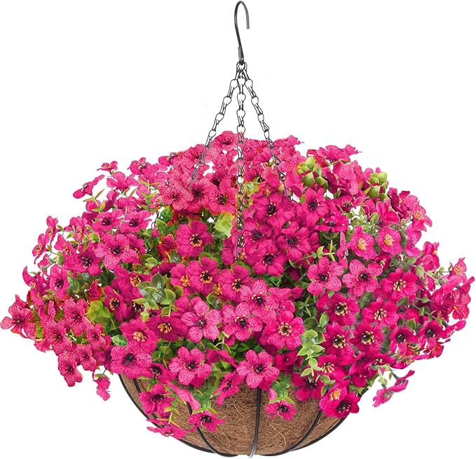 Artificial Hanging Faux Flowers Basket, Fake Silk Daisy Eucalyptus Plants Arrangement,for Spring Summer Outdoor Decoration,UV Resistant, Coconut Planter,Look Real for Home Garden Décor (Rosered)
