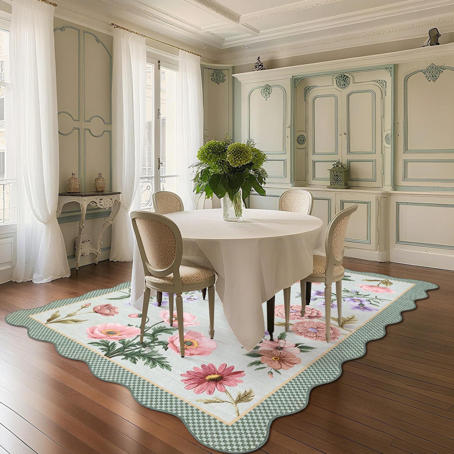 GarveeHome Floral Scalloped Living Room Rug, 5x7 Area Rugs Ultra-Thin Soft Washable Rug, Non-Slip Rugs for Bedroom Stain Resistant Boho Low-Pile Throw Carpet for Dining Room Nursery, Blue