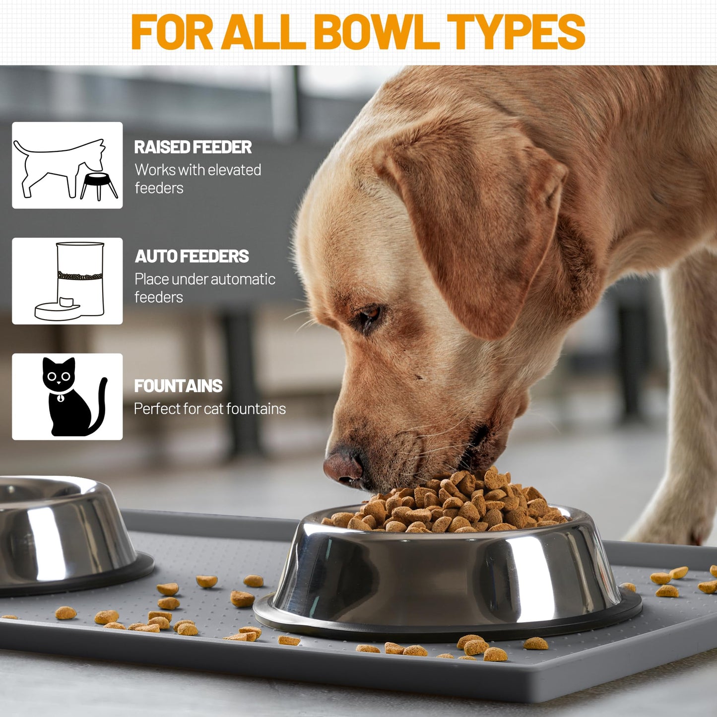 Hubulk Dog Feeding Mat,100% Waterproof BPA Free Silicone Pet Food and Water Bowl Placemat,Dishwasher, High Raised Edge to Prevent Spills,Nonslip Tray to Stop Messes on Floor (19"x12"x0.5", Grey)