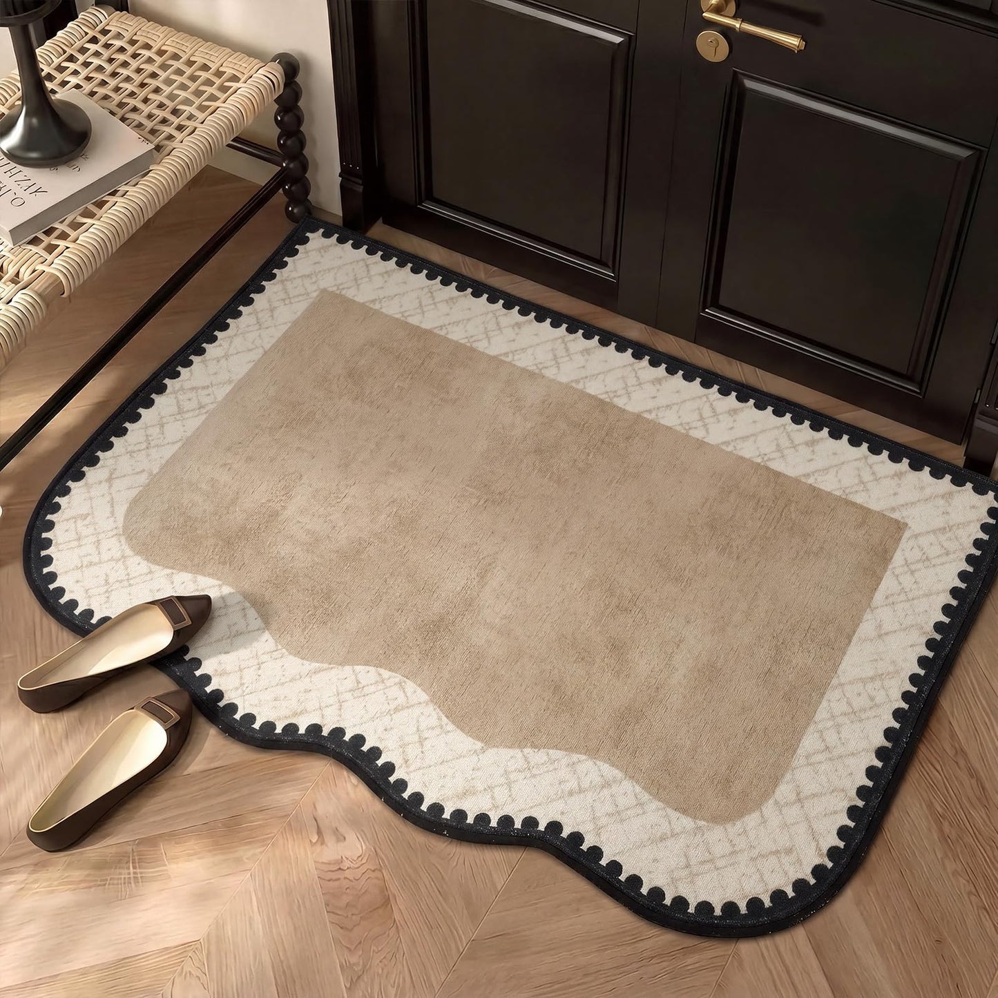 Breling Khaki Entryway Rug 2 x 3 ft Large Scalloped Welcome Mat Non Slip Washable Doormat Front Door Throw Rug for Farmhouse Indoor Kitchen Laundry Porch Bathroom Decor