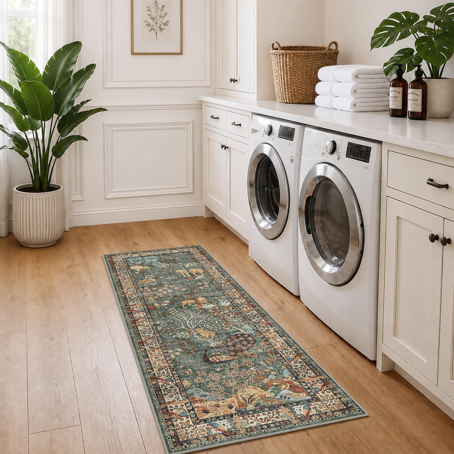 Runner Rug 2x6 Animal Botanical Trees Print Rug Vintage Kitchen Rugs Low Pile Non Slip Stain Resistant Hallway Runners Whimsical Long Carpets for Living Room Bedroom, Laundry Dorm, Green