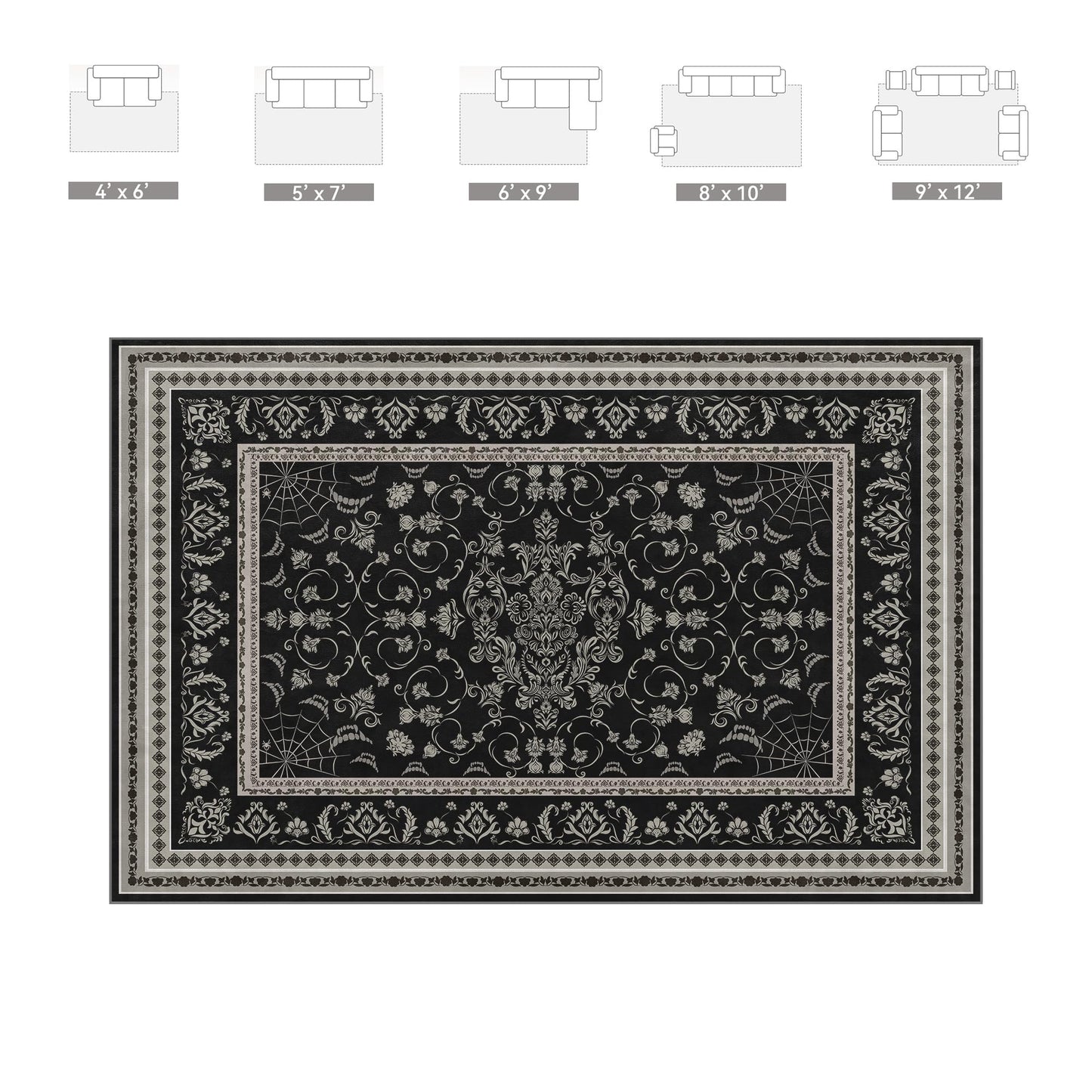 Gothic Spider & Fangs Area Rug 8x10 - Black Luxury Carpet with Intricate Web and Skull Designs, Soft Machine Washable Non-Slip Rug for Dark Academia, Vampire Themed Bedroom, Living Room.