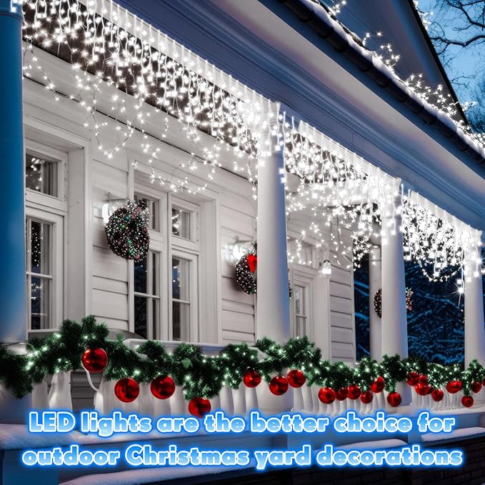 132Ft 1280 LED Christmas Icicle Lights Extra Long 8 Modes Waterproof Icicle String Lights with 240 Drops, Fairy Hanging Lights Decor with Remote for Xmas Wedding Indoor Outdoor(Cold White)