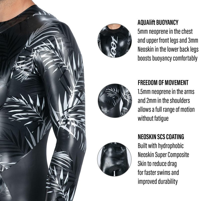 Zoot Men's Maui Wetsuit, Full Sleeve Neoskin Neoprene Buoyancy Suit for Open Water Swimming, Triathlons & Training - Silver Palm - Small