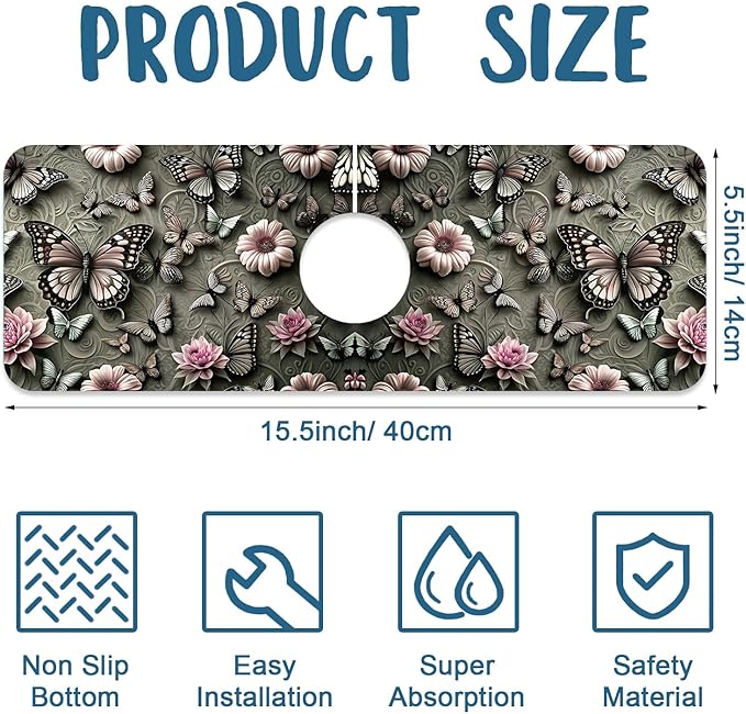 Cute Butterfly Sink Splash Guard Pink Flower Faucet Absorbing Mat Fast Drying