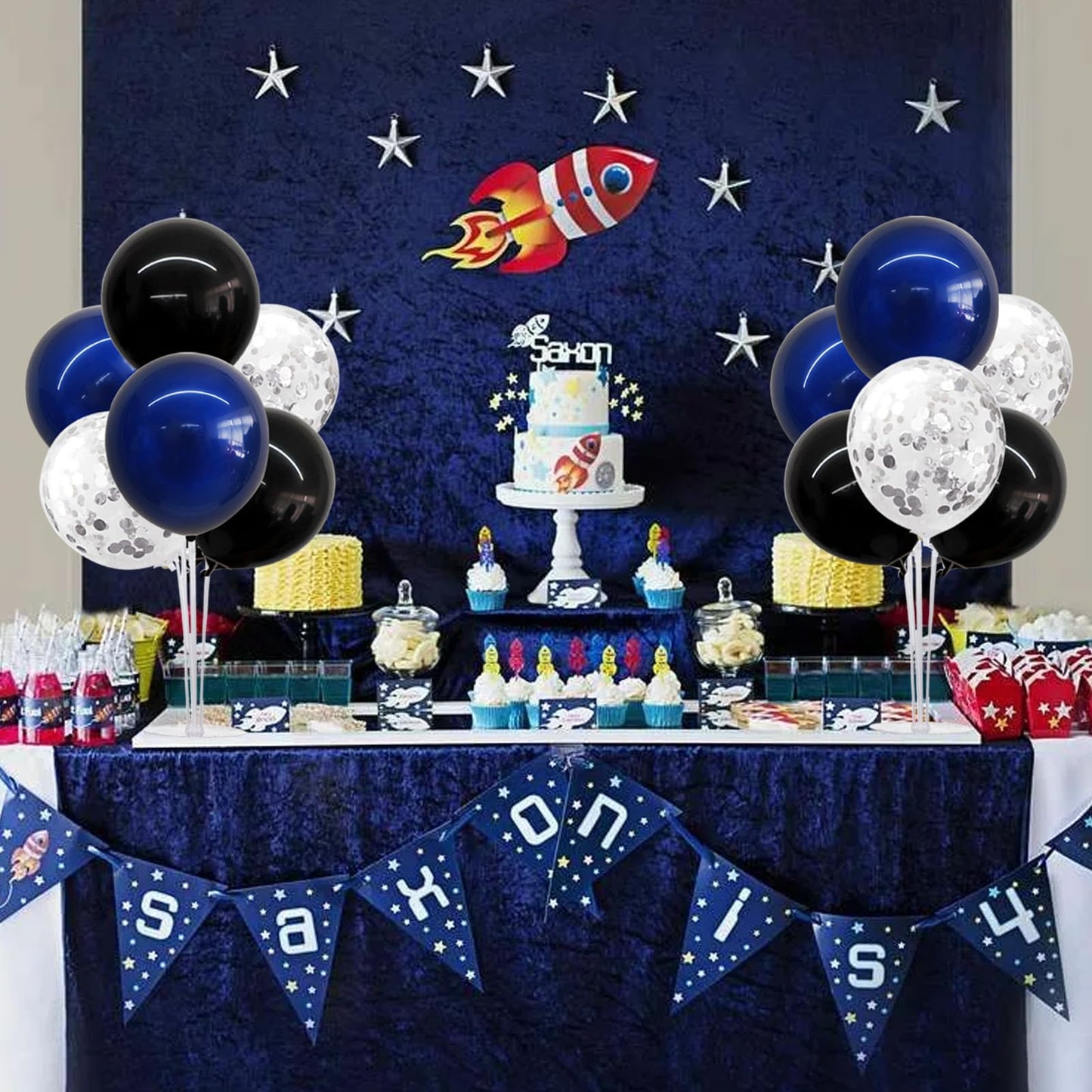 TONIFUL 4 Set Black Blue Silver Confetti Balloon Centerpieces for Table,Balloon Stand Kit for Graduation Decorations 2026 Blue Party Decorations,Retirement,Anniversary,Birthday Decoration for men