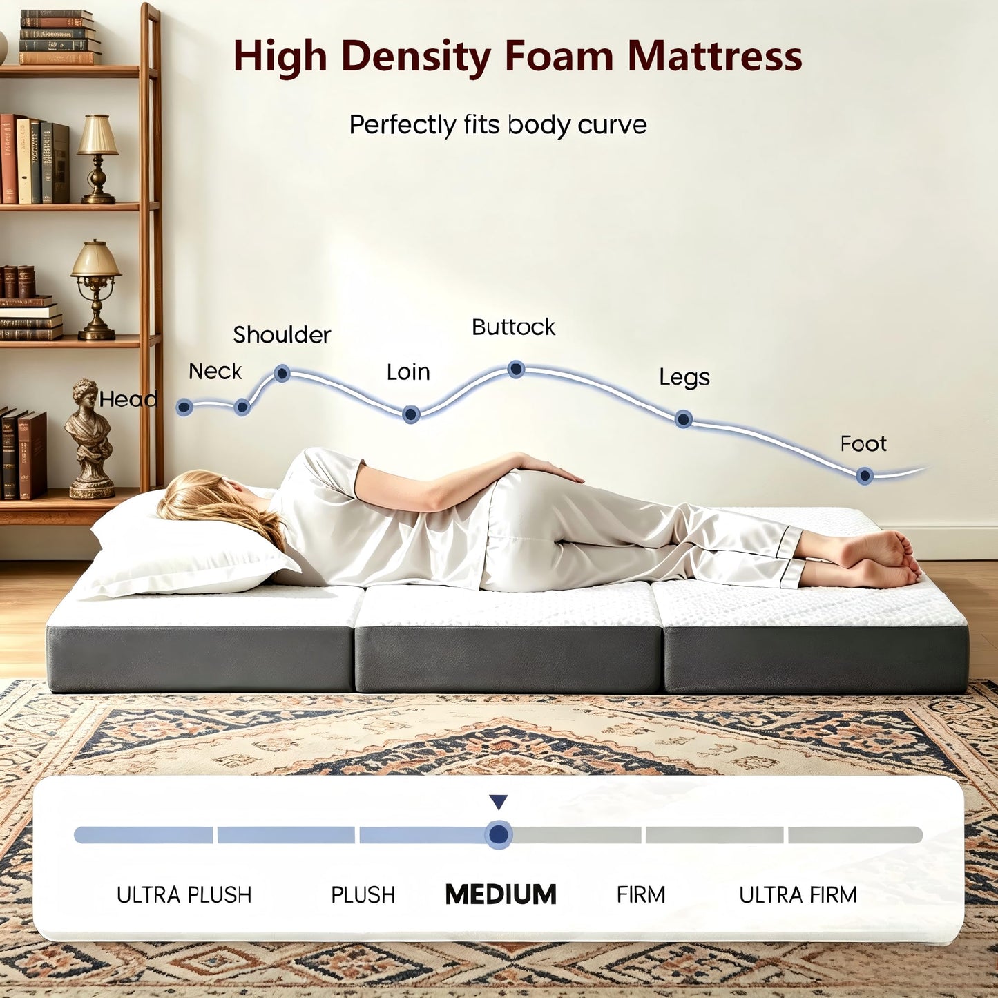 Folding Foam Mattress 4 Inch Foldable Floor Mattresses with Collapsible and Washable Cover, Portable Travel Mat Trifold Guest Mattress Camping Sofa Bed, Full 54"x75"x4"