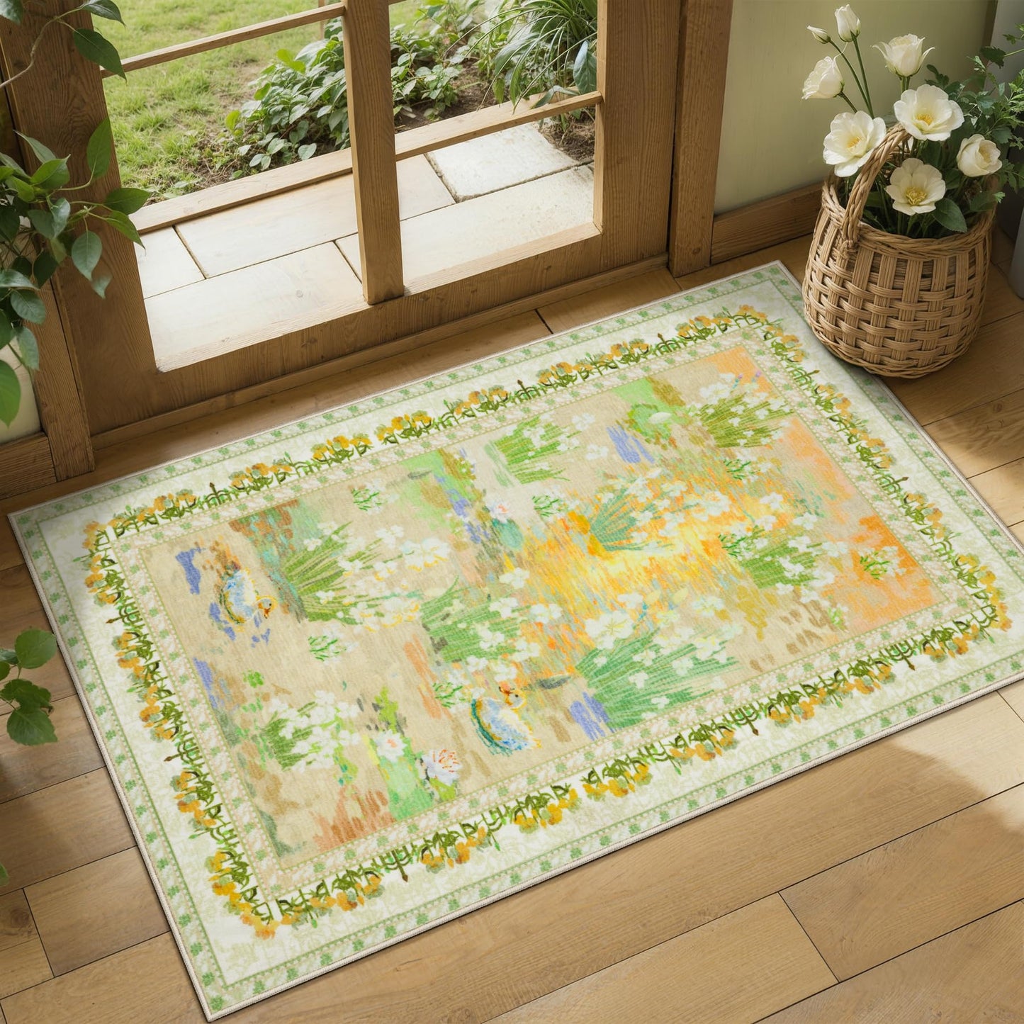 SERISSA 2x3 Small Area Rug for Entryway, Washable Impressionist Floral Indoor Doormat, Non-Slip Low Pile Accent Rug for Entrance Kitchen Bedroom Laundry Room, Beige
