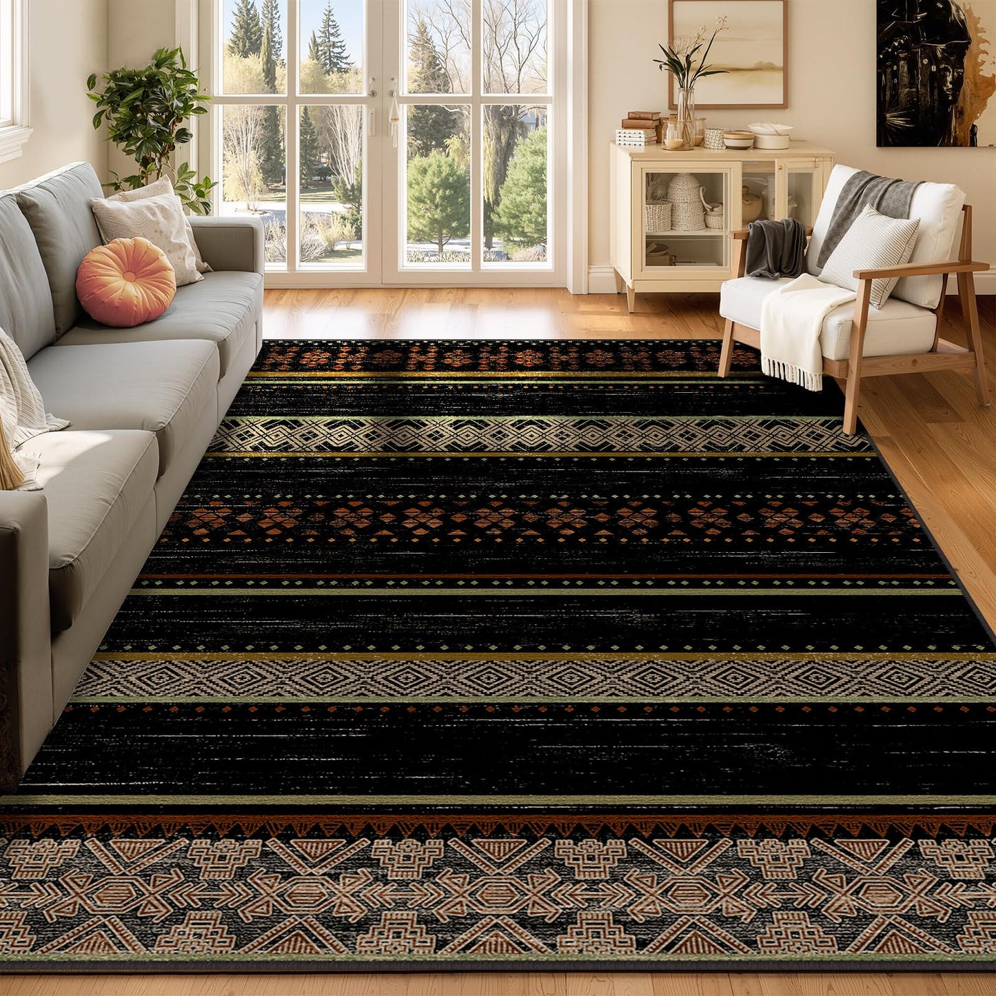 BESTSWEETIE 8x10 Area Rugs for Living Room Washable Moroccan Farmhouse Neutral Geometric Low Pile Non-Slip Soft Print Pattern Rug for Bedroom Kitchen Dining Room Entryway Black/Red/Brown/Cream/Yellow