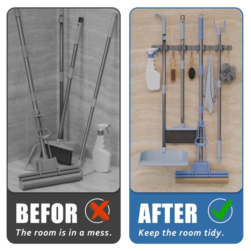 QianRuiDa Mop Broom Holder Wall Mount, 4 Racks 5 Hooks Stainless Steel Storage Organizer for Home, Kitchen, Garden, Laundry room, Garage tool storage