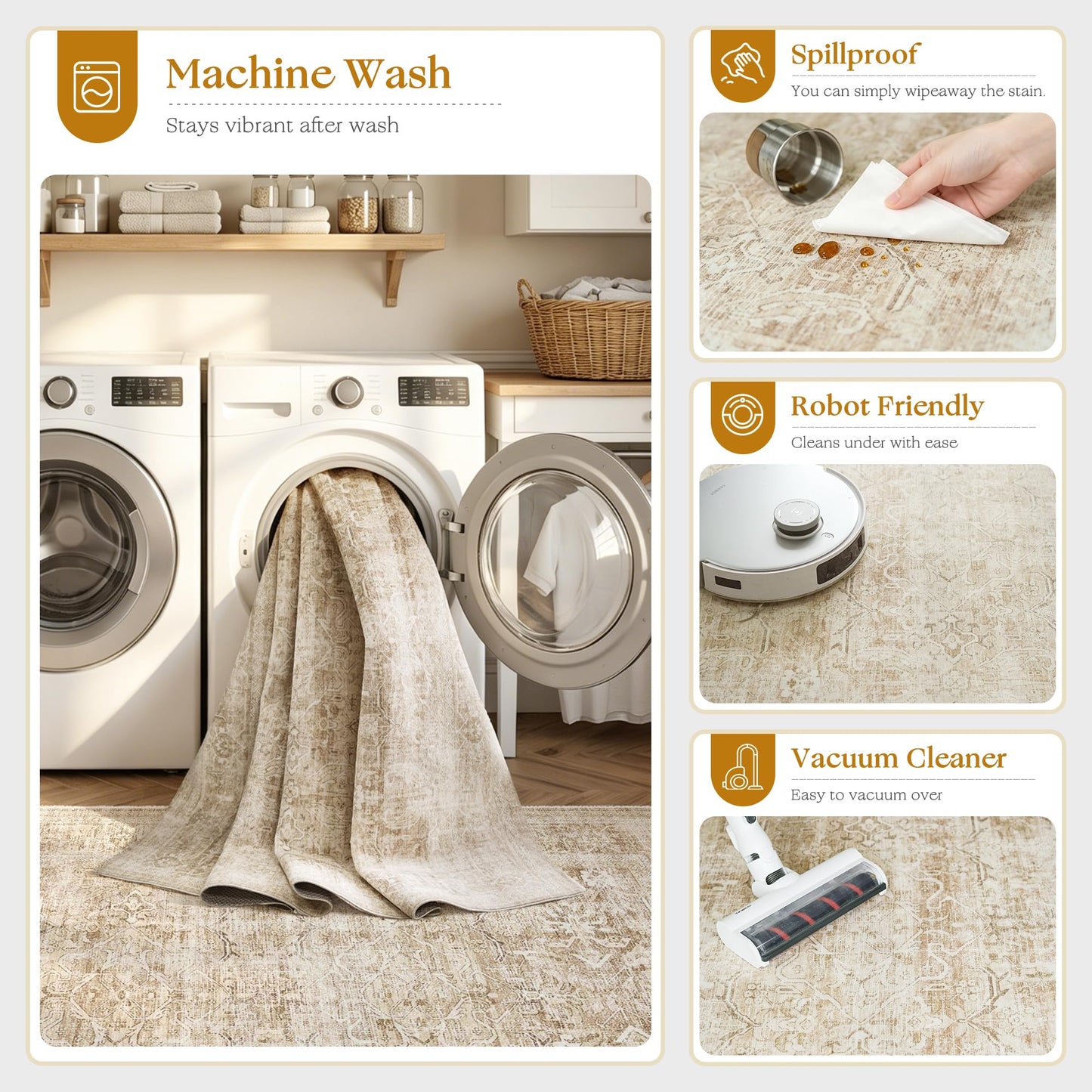 Beauoop 2x6 Hallway Runner Rug Beige Washable Vintage Distressed Neutral Retro Carpet Non Slip Soft Cream Low Pile Indoor Rug for Entryway Kitchen Bedroom Bathroom Laundry Bedside Entrance Living Room