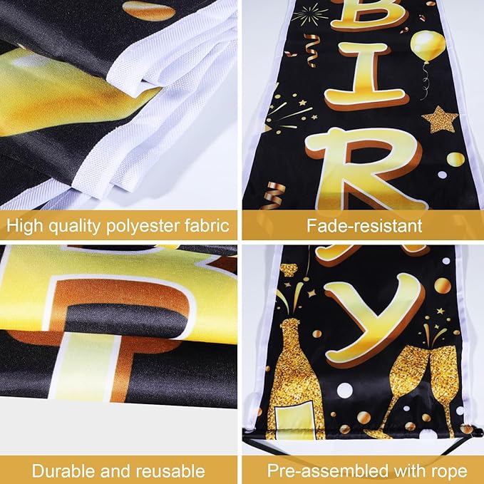 Black Gold Happy Birthday Door Banner Lighted Decorations for Men Women Happy Birthday Banner Porch Sign with LED light Party Supplies 16th 18th 30th 40th 50th 60th Party Decoration