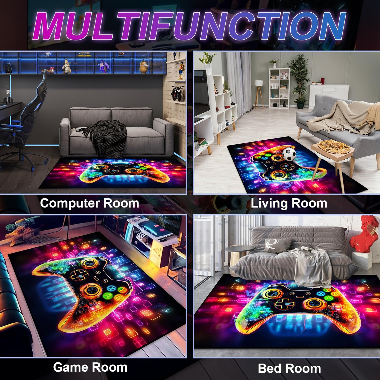 KALERA Gaming Area Rug, Transparent Gamepad and Colorful Lighting Background, Modern, Multicolor, 5' x 3'4" (Rectangular), Boys Girls Bedroom Playroom, Living Room
