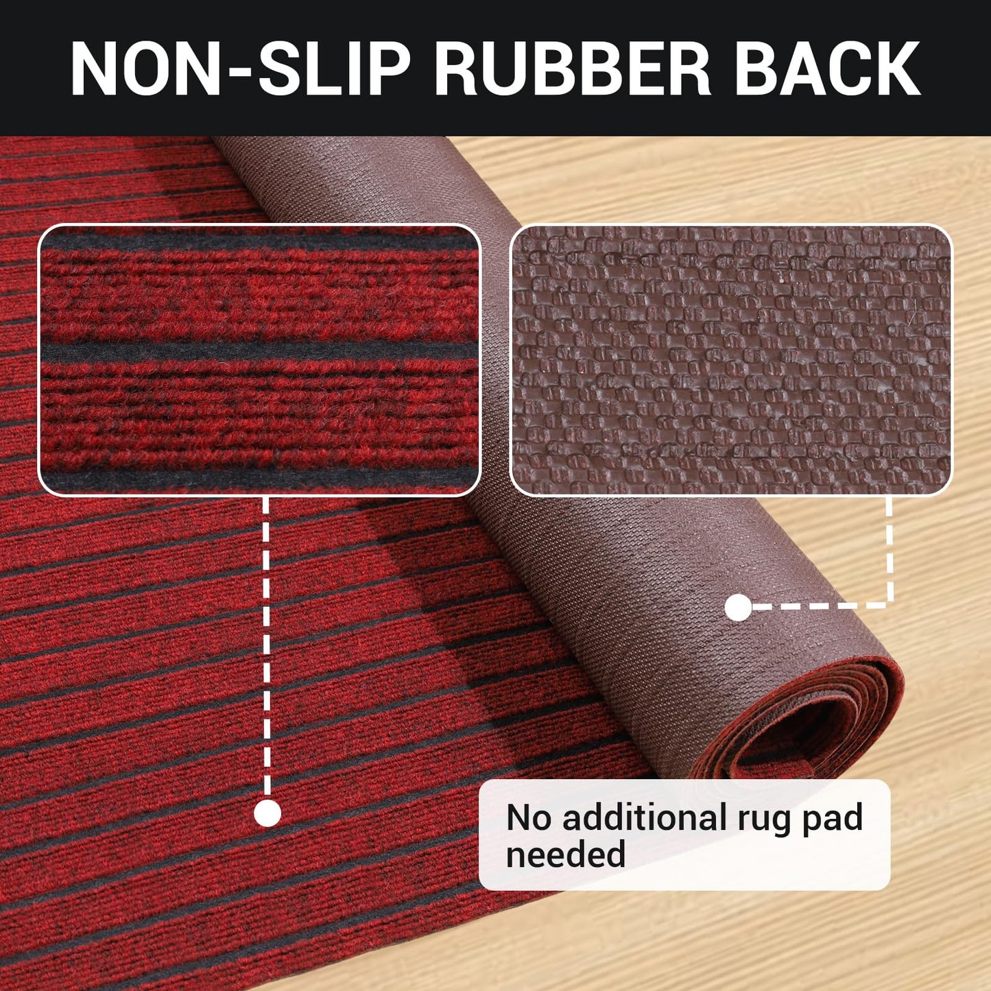 Stripe Runner Rug 3 x 15 ft Indoor Outdoor, Burgundy Non Slip Rubber Backing, Waterproof Low Profile Area Runner for Hallway, Entryway, Kitchen, Patio, Garage, Stairs & Laundry