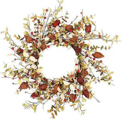 YNYLCHMX 18" Fall Wreaths for Front Door, Artificial Autumn Wreath, Fall Wreath with Eucalyptus Leaves and Berries for Home Porch Window Wall Farmhouse Decor, Indoor Outdoor, Holiday Decor