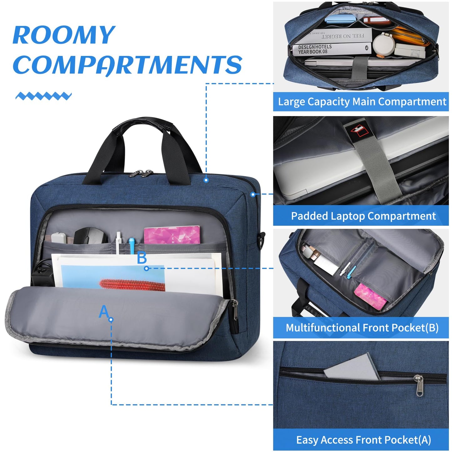 Laptop Bag 17.3 Inch Laptop Briefcase Large Waterproof Laptop Case for Men Women Business Office Work Computer Bag 17 Inch Adjustable Shoulder Messenger Bag, Blue