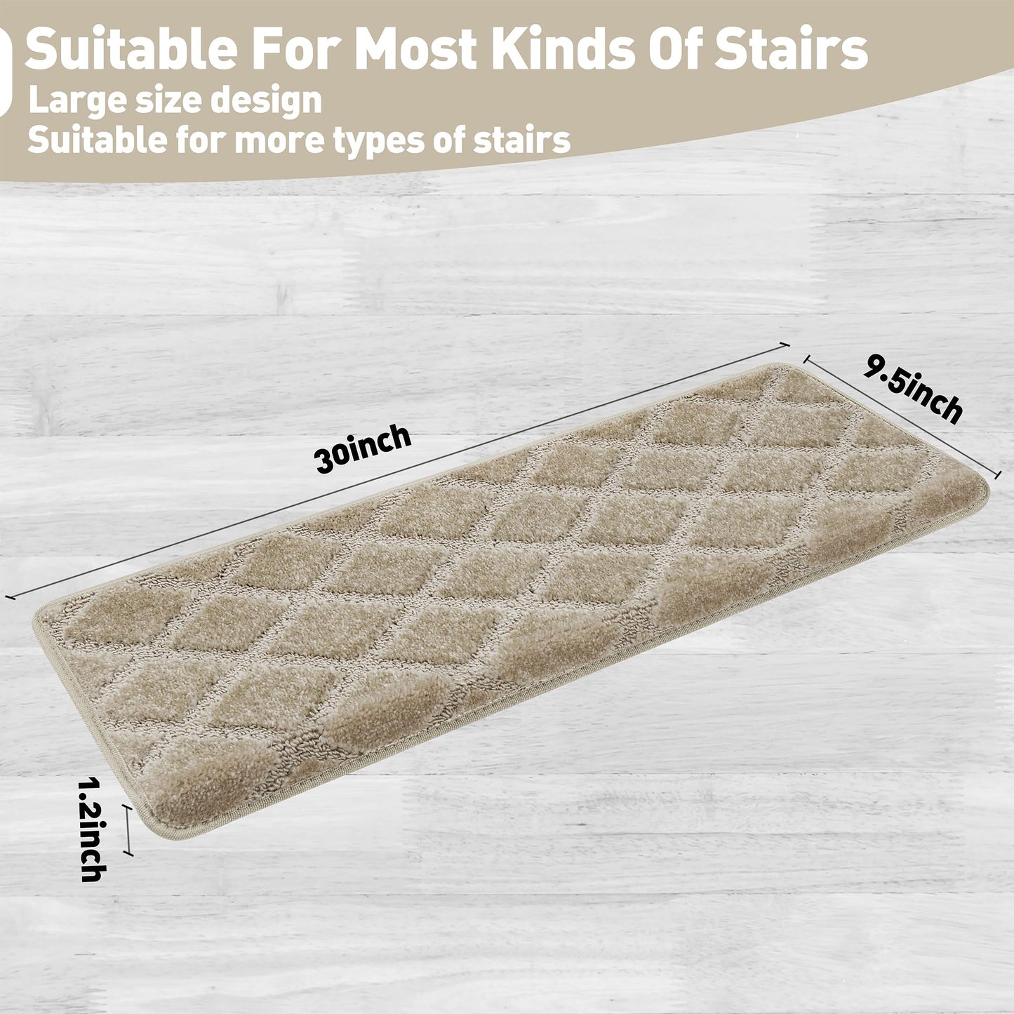 PURE ERA Bullnose Carpet Stair Treads Tape Free Non-Slip Indoor Stair Protectors Pet Friendly Stair Treads for Wooden Steps 9.5" x 30"(14 Pieces, Cream Gray Diamond Trellis)