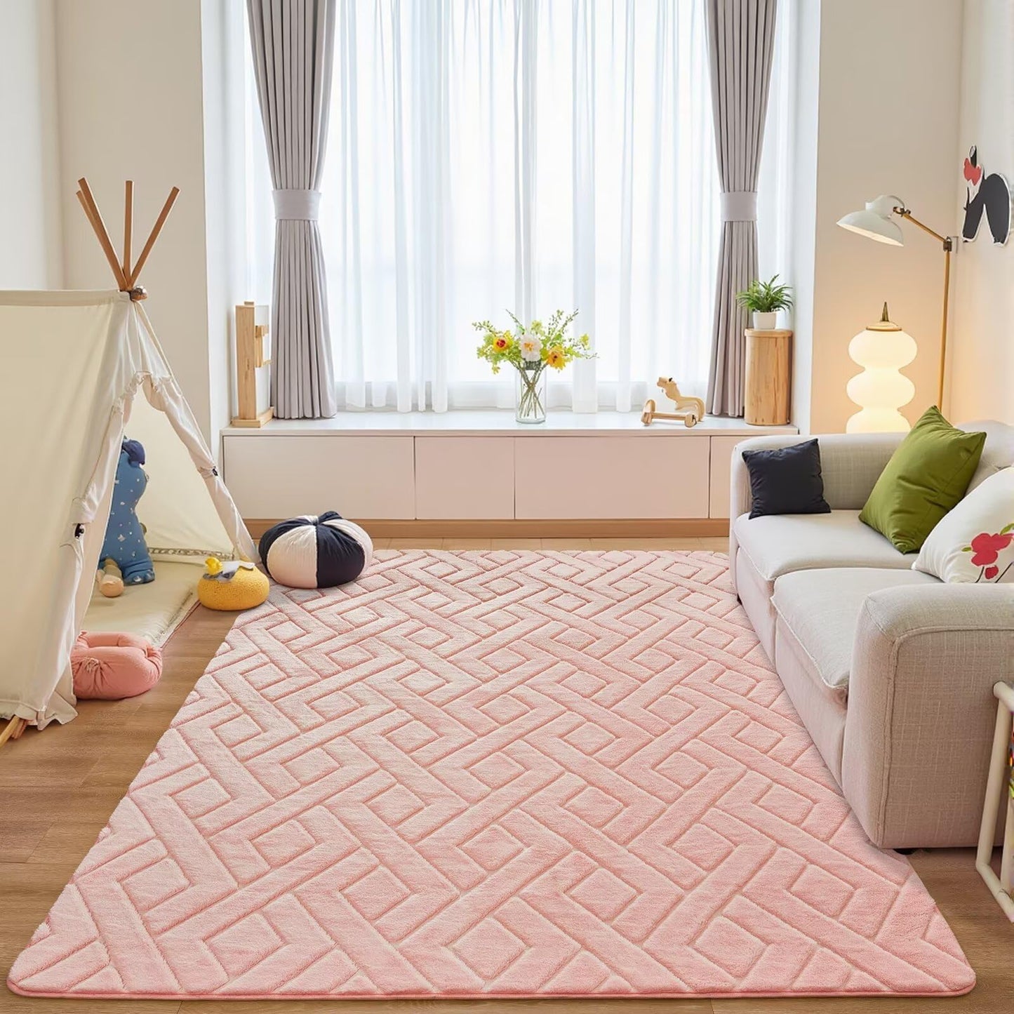 Flagover 4x6 Pink Washable Area Rug for Girls Bedroom, Modern Geometric Shag Non-Slip Living Room Rugs, Fluffy Plush Soft Memory Foam Carpet for Kids Room Nursery Room Dorm Bedside Decor