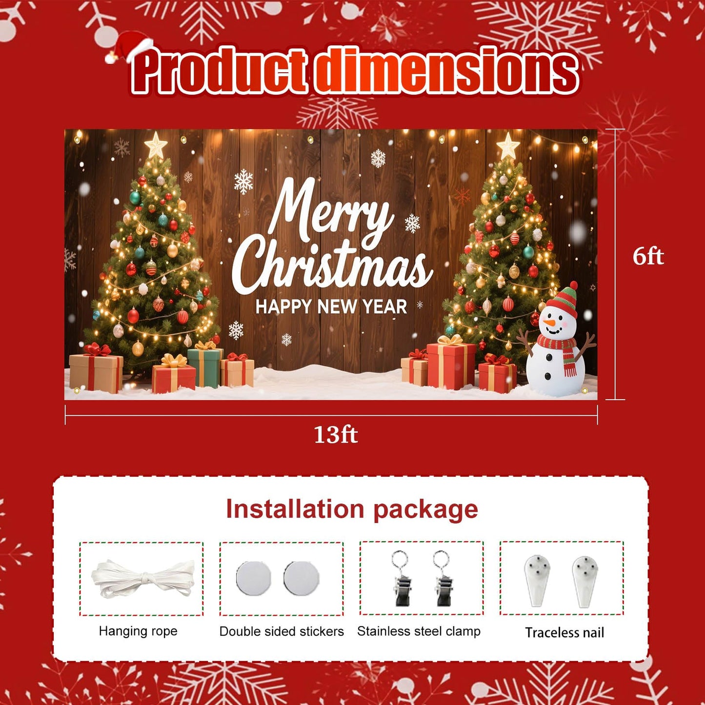 HOMETITUTE Christmas Garage Door Banner 13x6ft Merry Christmas Happy New Year Green Trees Snowman Gift Boxes Holiday Outdoor Indoor Decor Seasonal Party Backdrop