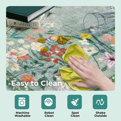 Floral 5x7 Green Area Rug Machine Washable Soft Print Boho Carpet Non Slip Rugs Low Pile Flower Area Rugs for Living Room Bedroom Nursery Kitchen Dining Room Indoor-Green
