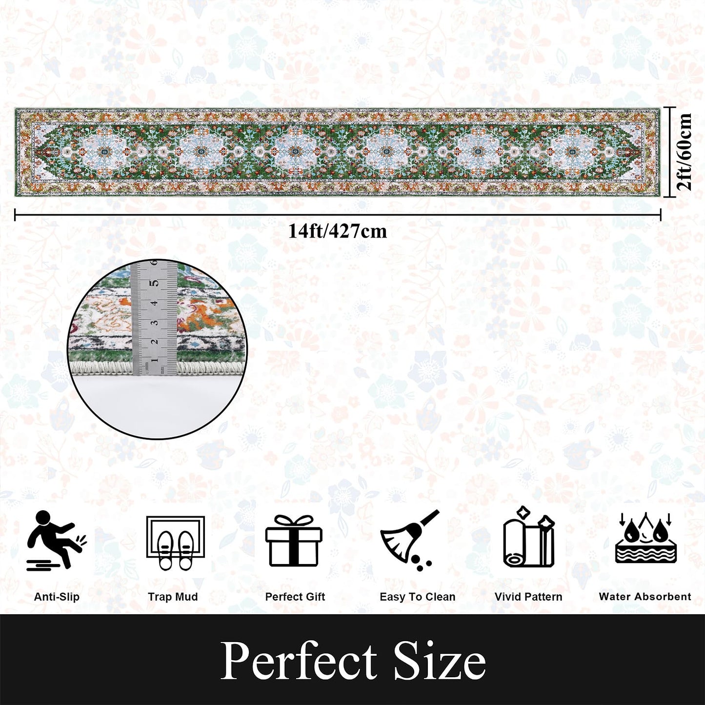 U'Artlines 2' x 14' Long Boho Hallway Runner Rug, Non Slip Washable Vintage Farmhouse Accent Area Rug Carpet for Kitchen Entryway Laundry and Living Room Green