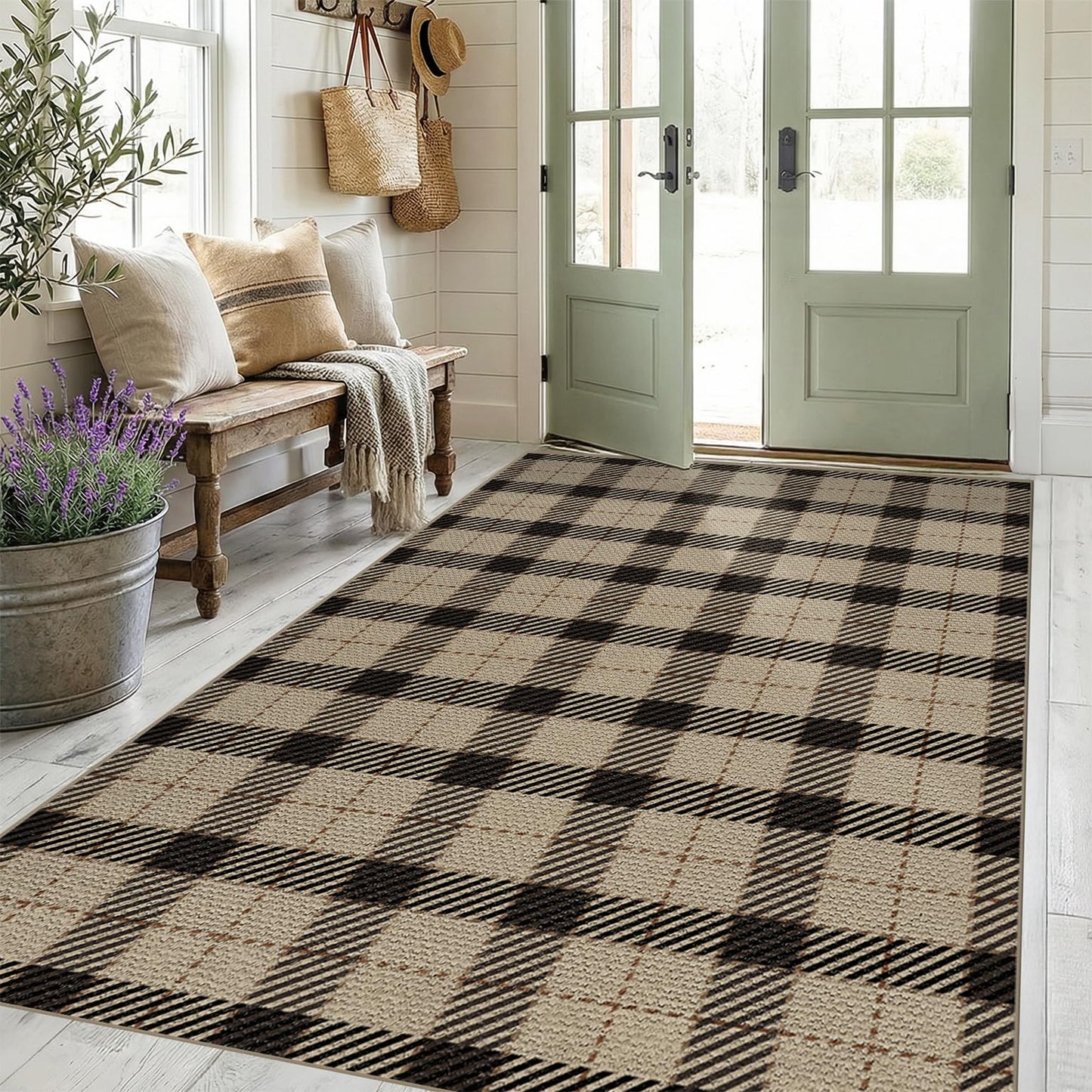 Easy Jute Farmhouse Area Rug 5x7, Washable Indoor Outdoor Plaid Rug, Black and Tan Rustic Woven Non Slip Carpet for Living Room, Entryway, Patio, Bedroom, Under Bed
