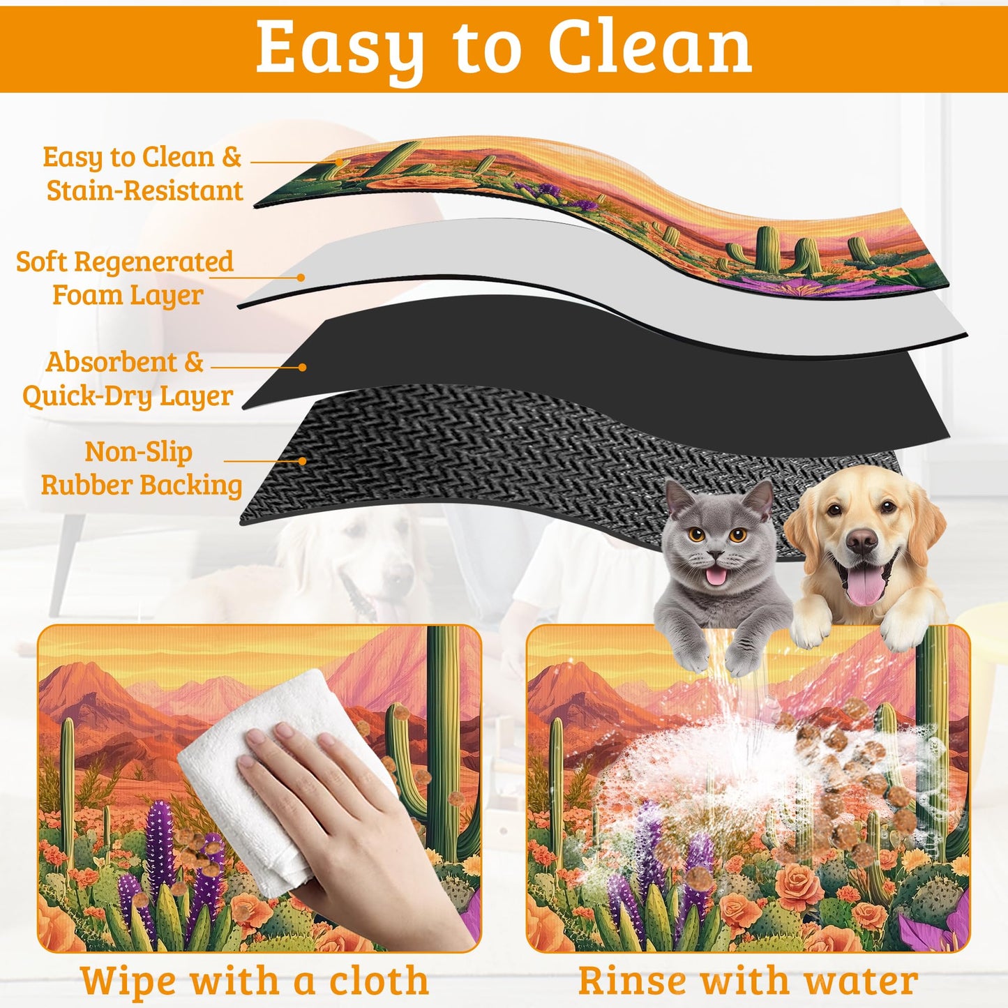 Pet Feeding Mat,Cactus Absorbent Dog Cat Food Mat Desert Dog Mat with Rubber Backing,Non-Slip Water Bowl Placemat,Pet Supplies 12" x 20"
