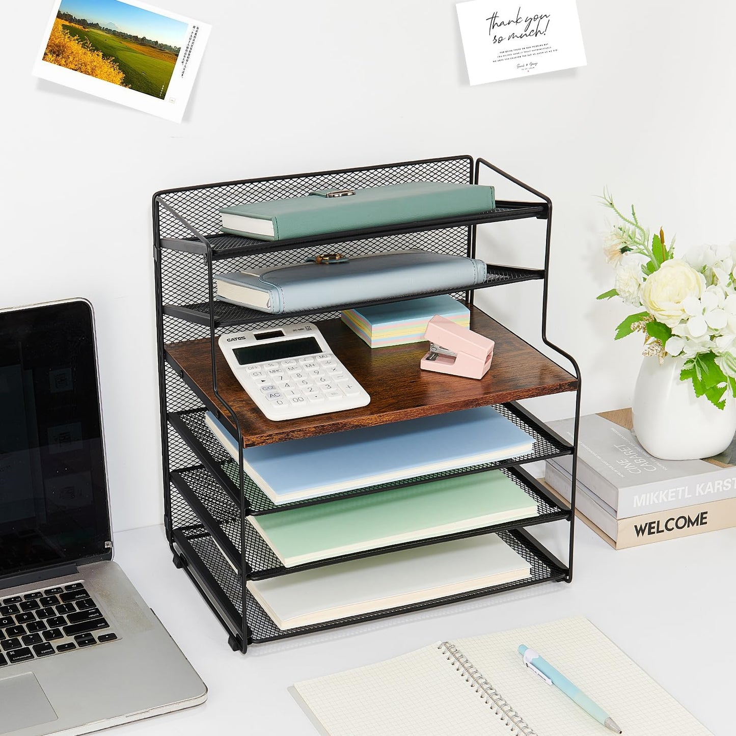 OPNICE 6-Tier Letter Tray Paper Organizer, Desk Organizers and Accessories, Desktop File Organizer, Office Desk Accessories for Office Supplies (Wood Brown)