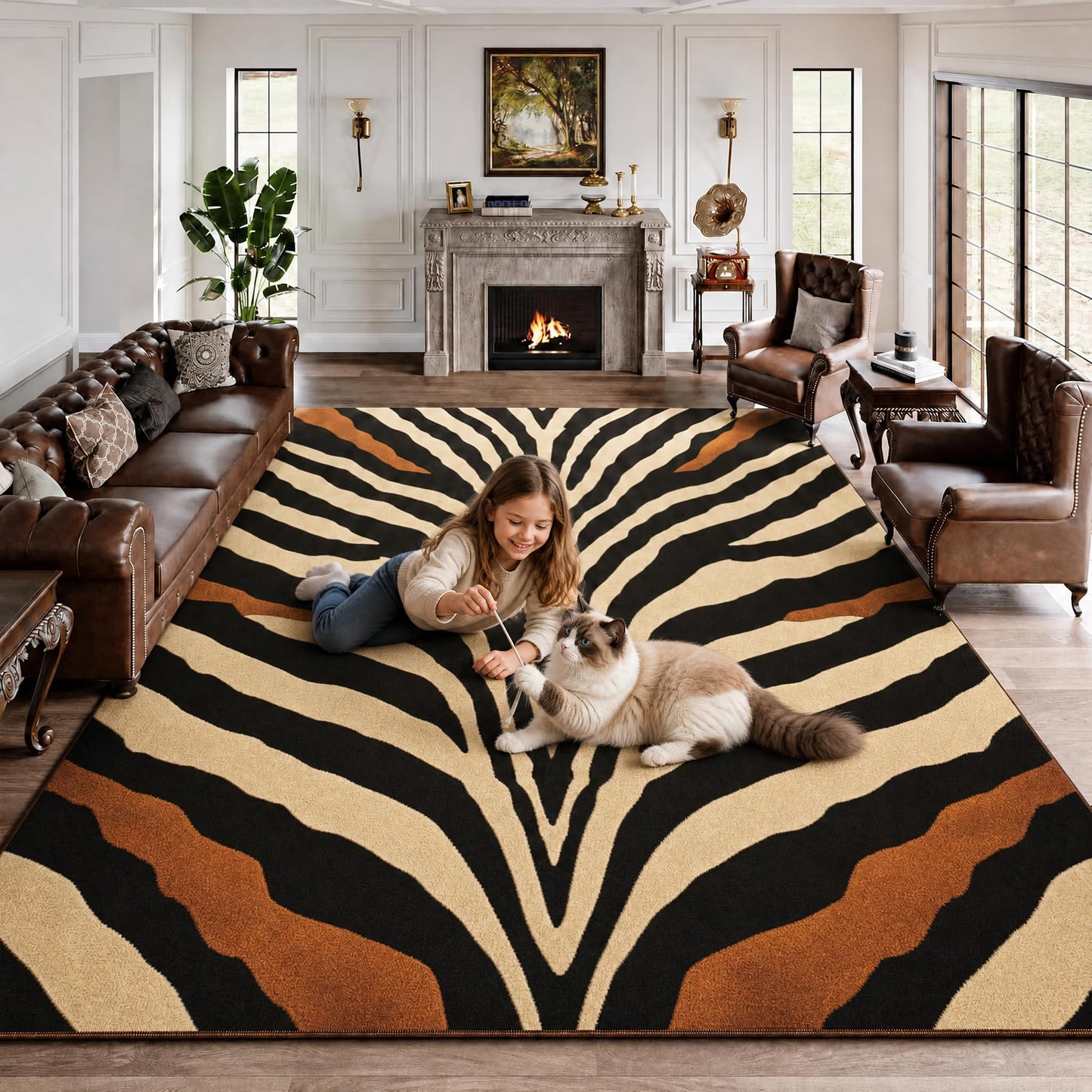 Brown Zebra Print Area Rug Modern Animal Stripes Rugs for Living Room 5×7