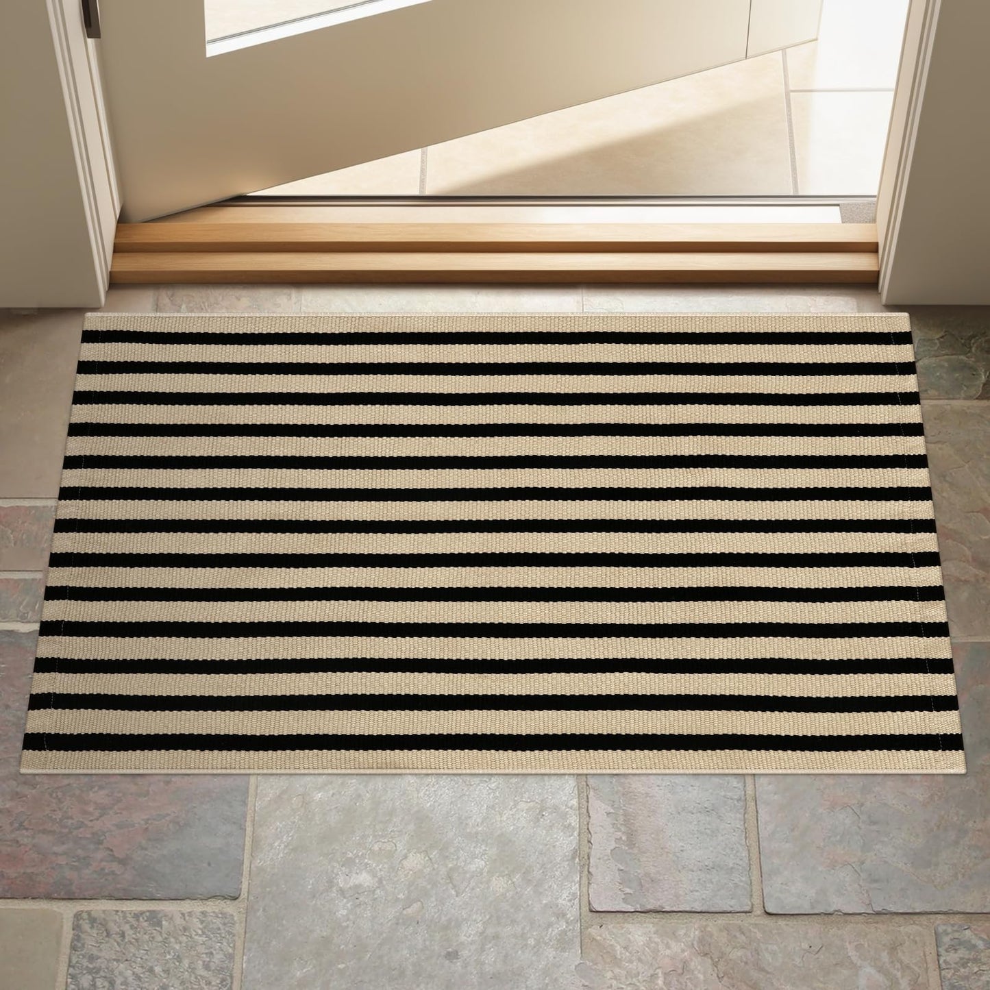 LEEVAN Outdoor Door Mat 2'x3' Washable Welcome Mat Woven Black and White Entryway Rug Farmhouse Front Porch Decor Outside Entrance Striped Outdoor Floor Mats