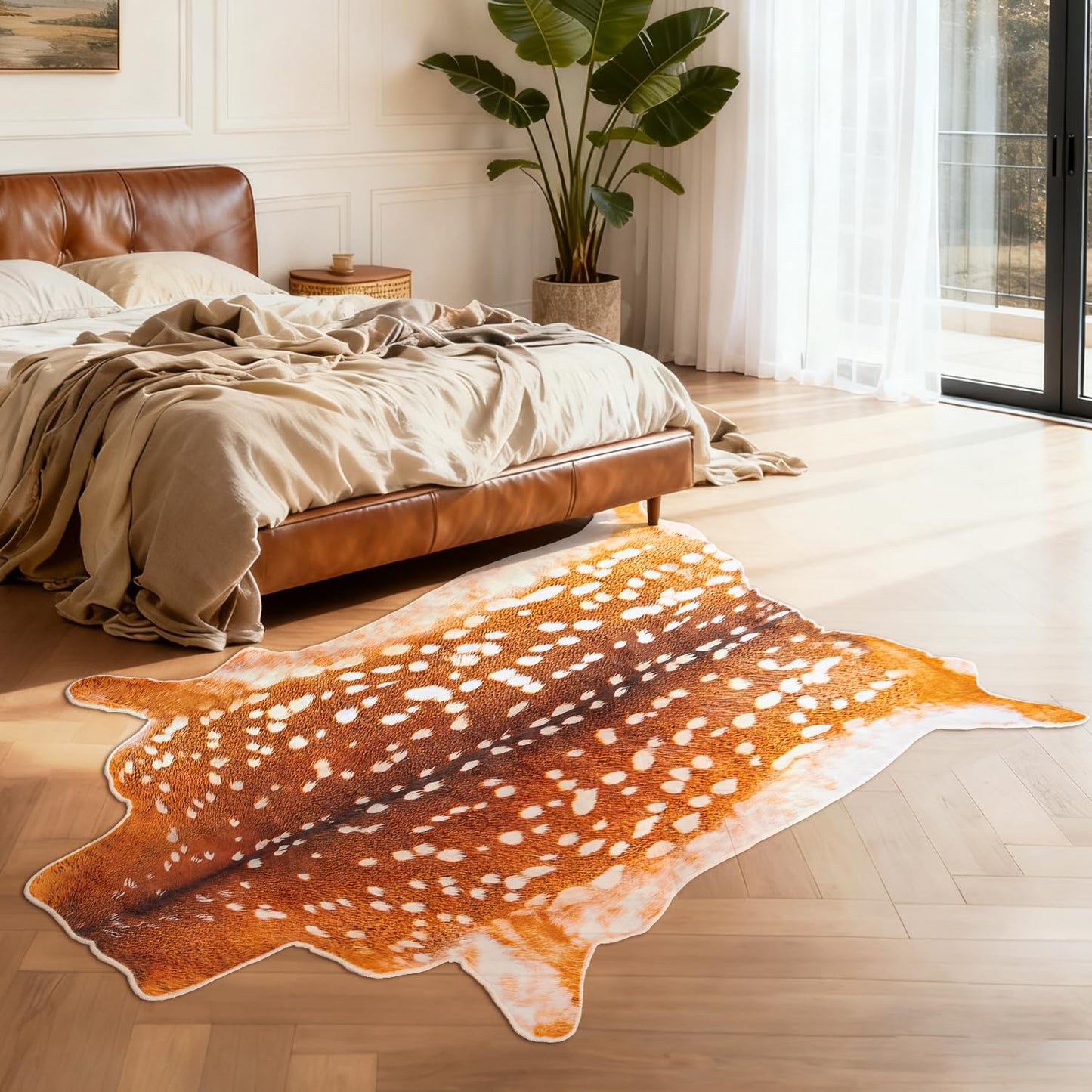 YulyreZome Deer Rug Faux Fur Deer Print Rug, 4.6x5.2 Feet Irregular Shaped Animal Hide Rugs, Soft Faux Cashmere Antelope Fawn Carpet for Living Room, Bedroom, Cabin, Lodge Western Home Decor