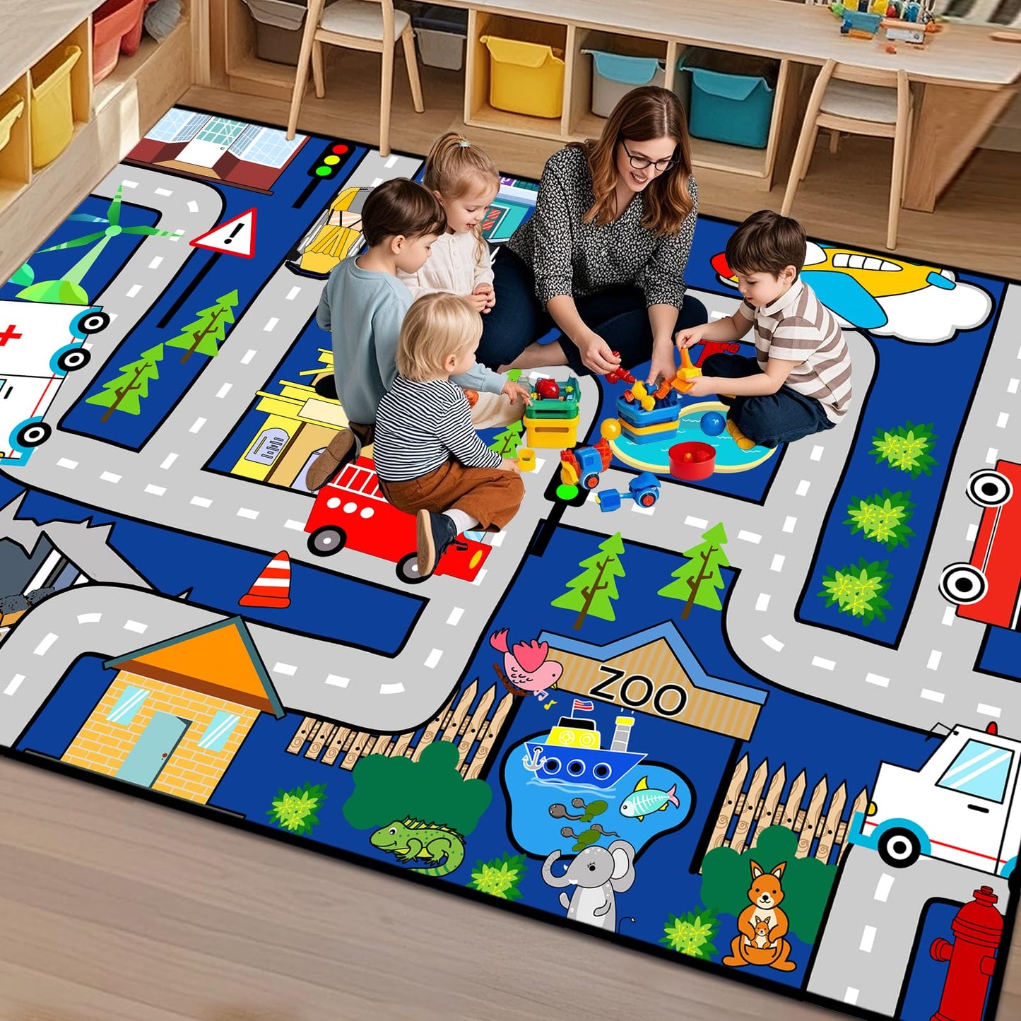 Car Rugs for Kids 6x9 Feet - Large Car Road Rug for Playroom Kids Carpet Playmat Rug City Life Road Map Carpets Classroom Nursery Kid Play Rugs, Blue
