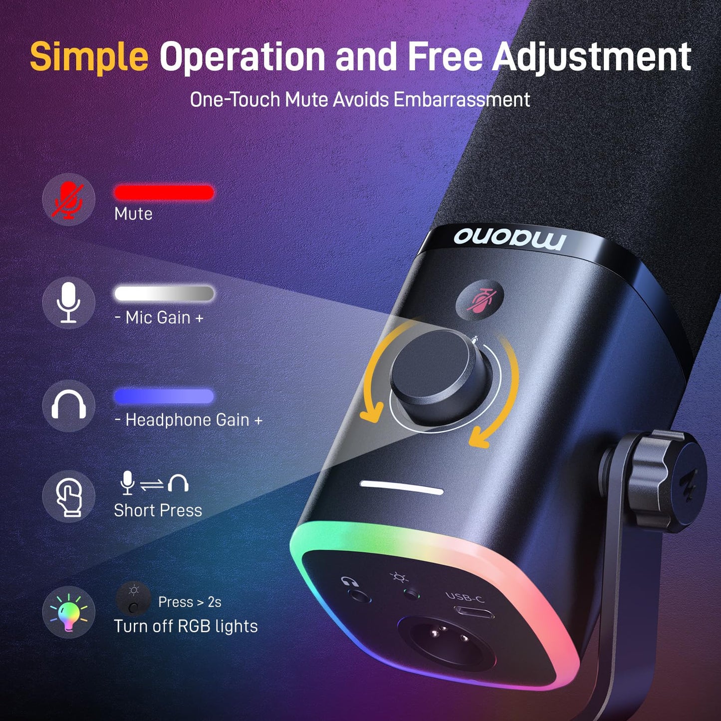 MAONO XLR/USB Gaming Microphone Kit: Dynamic PC Mic for Streaming Podcasting, Software Support, Mute Button, Gain Control, RGB Computer Mic with Boom Arm Stand, for Recording, PS4/PS5, PD100XS Black