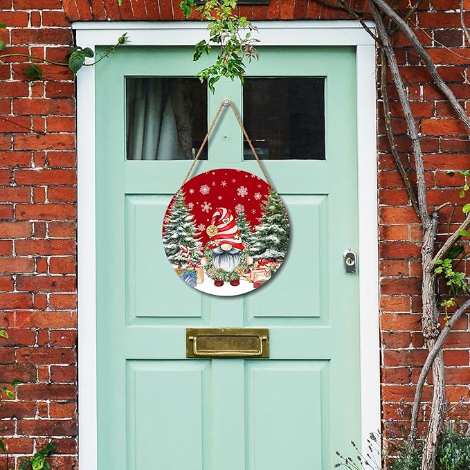 Christmas Gnome Welcome Sign for Front Door Merry Christmas Door Hanger 12”x12” Christmas Dwarf Xmas Holiday Snowflake Wooden Hanging Sign Outdoor Outside Porch Decor Winter Christmas Wreath for Home