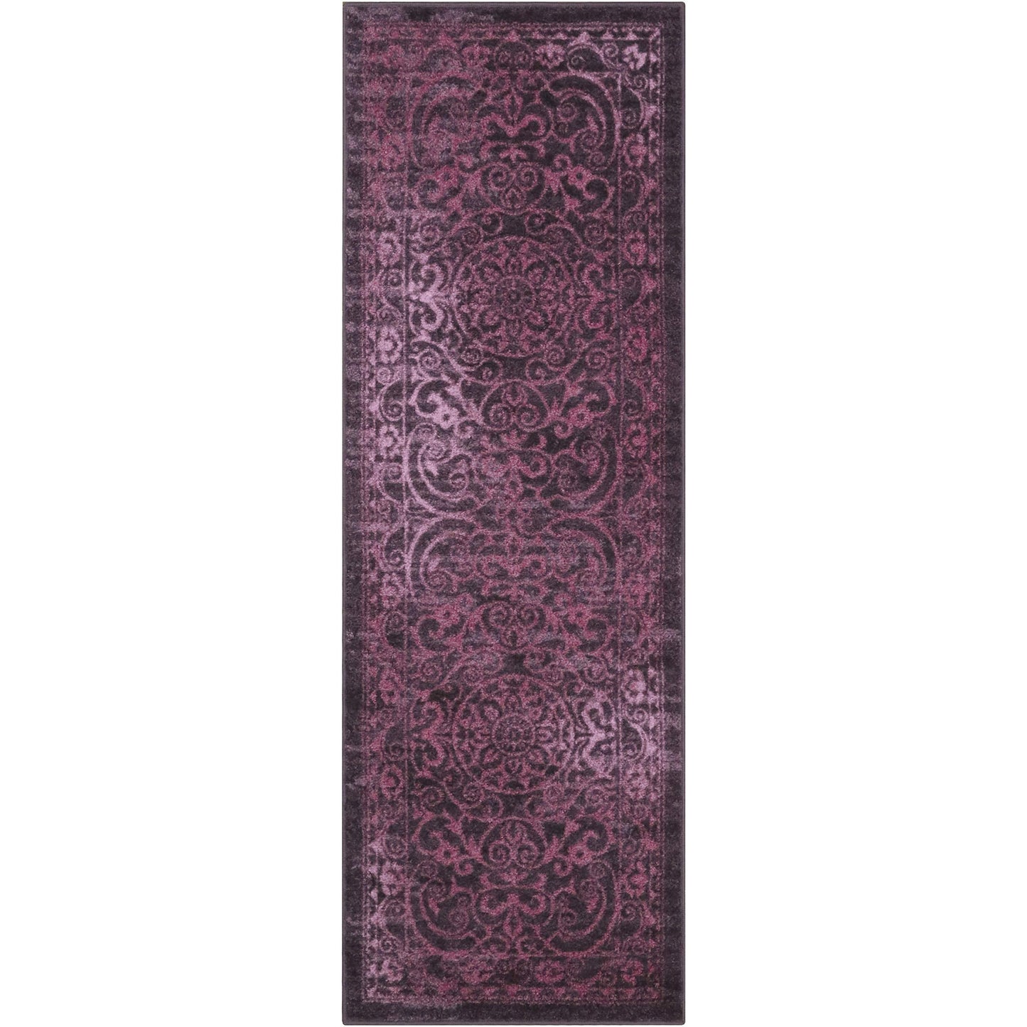 Maples Rugs Pelham Vintage Medallion Runner Rug - Made in USA - Washable, Non-Slip, Low Profile Indoor Rug for Hallway, Kitchen, and Laundry Room, 2' x 6', Wineberry